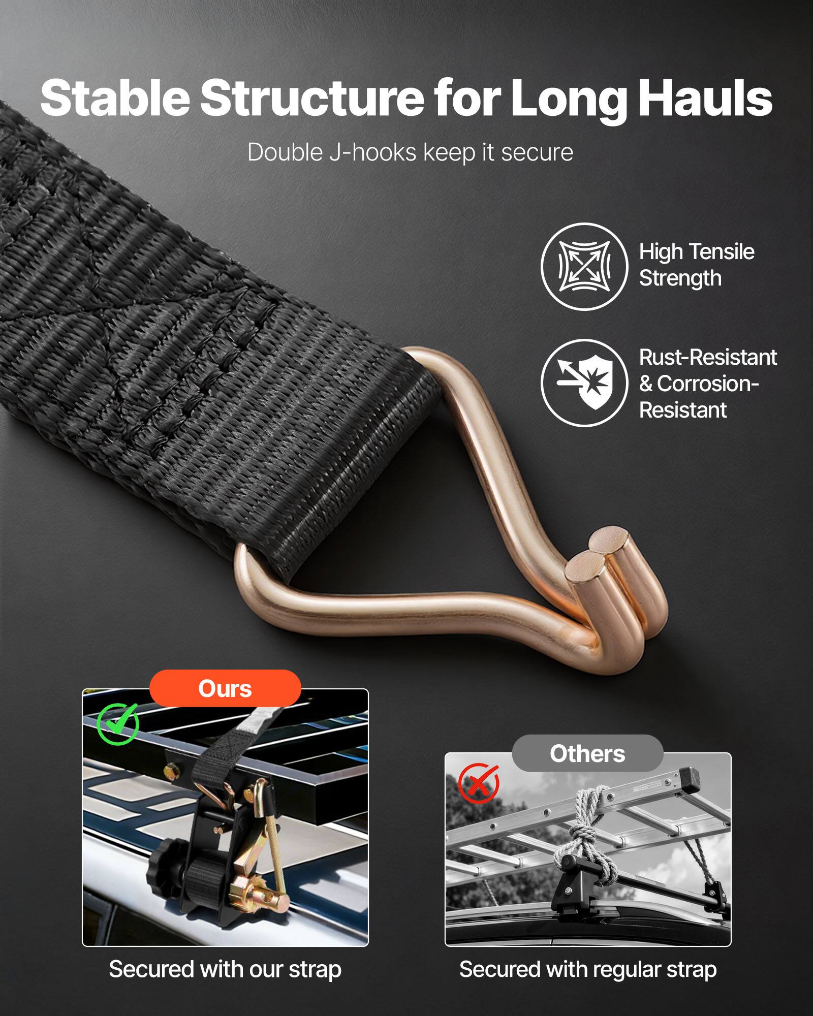Stable Structure for Long Hauls  
Double J-hooks keep it secure  

High Tensile Strength  
Rust-Resistant & Corrosion-Resistant  

Ours  
Secured with our strap  

Others  
Secured with regular strap