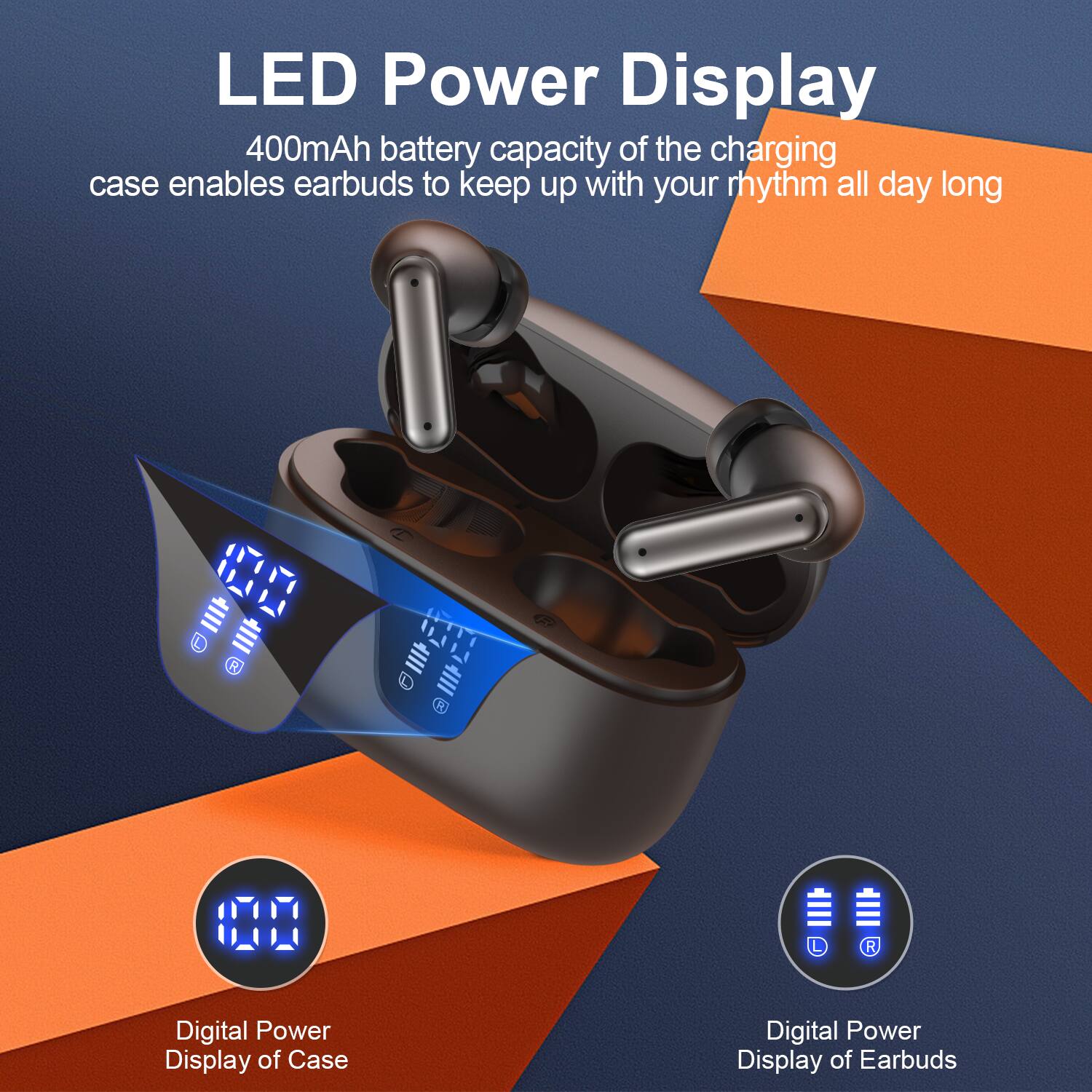 LED Power Display

400mAh battery capacity of the charging case enables earbuds to keep up with your rhythm all day long

Digital Power Display of Case

Digital Power Display of Earbuds