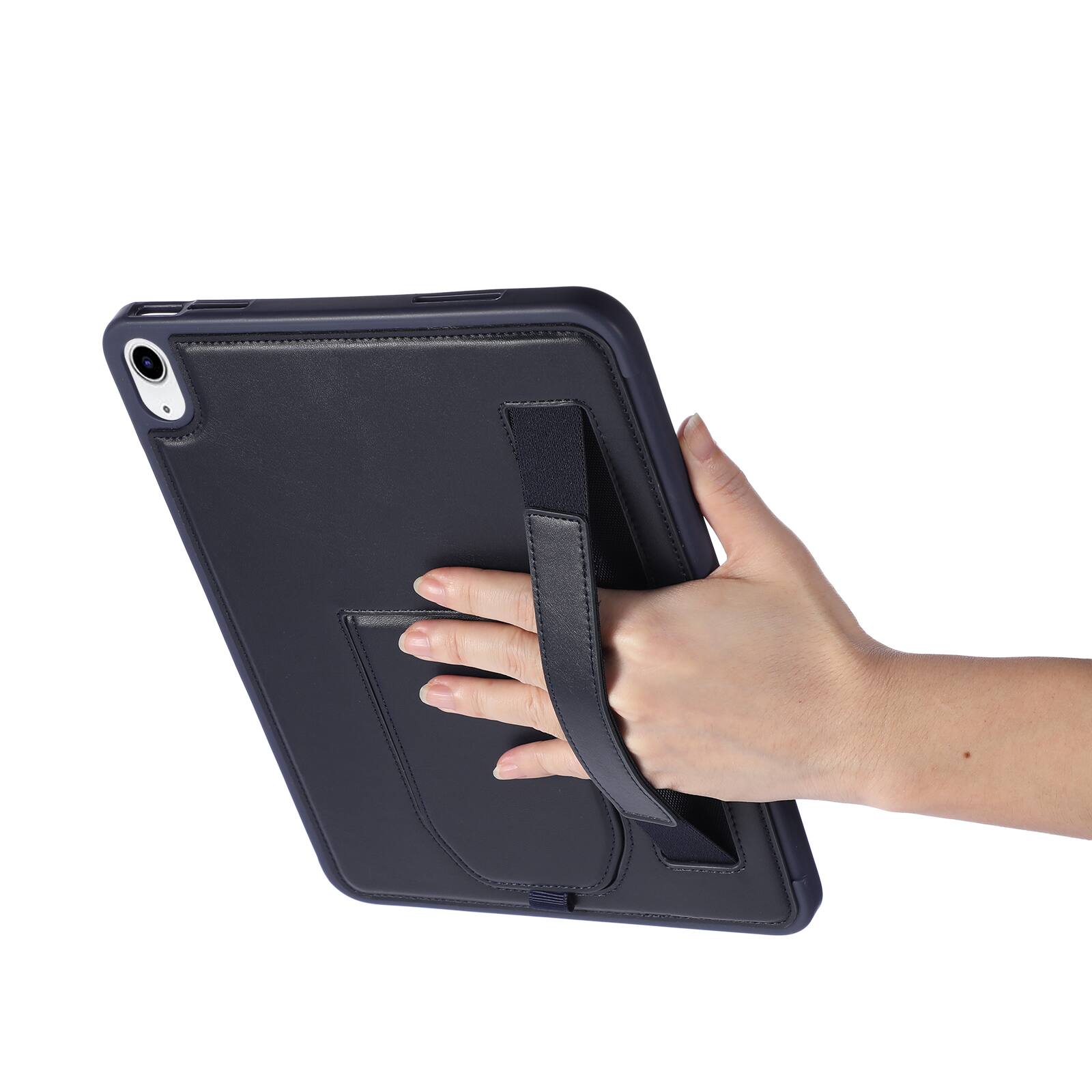 Back. Dteck - Shockproof Case for Apple iPad (A16) 11" 2025 with Hand Strap and Foldable Kickstand, PU Leather TPU Protective Cover - Blue.