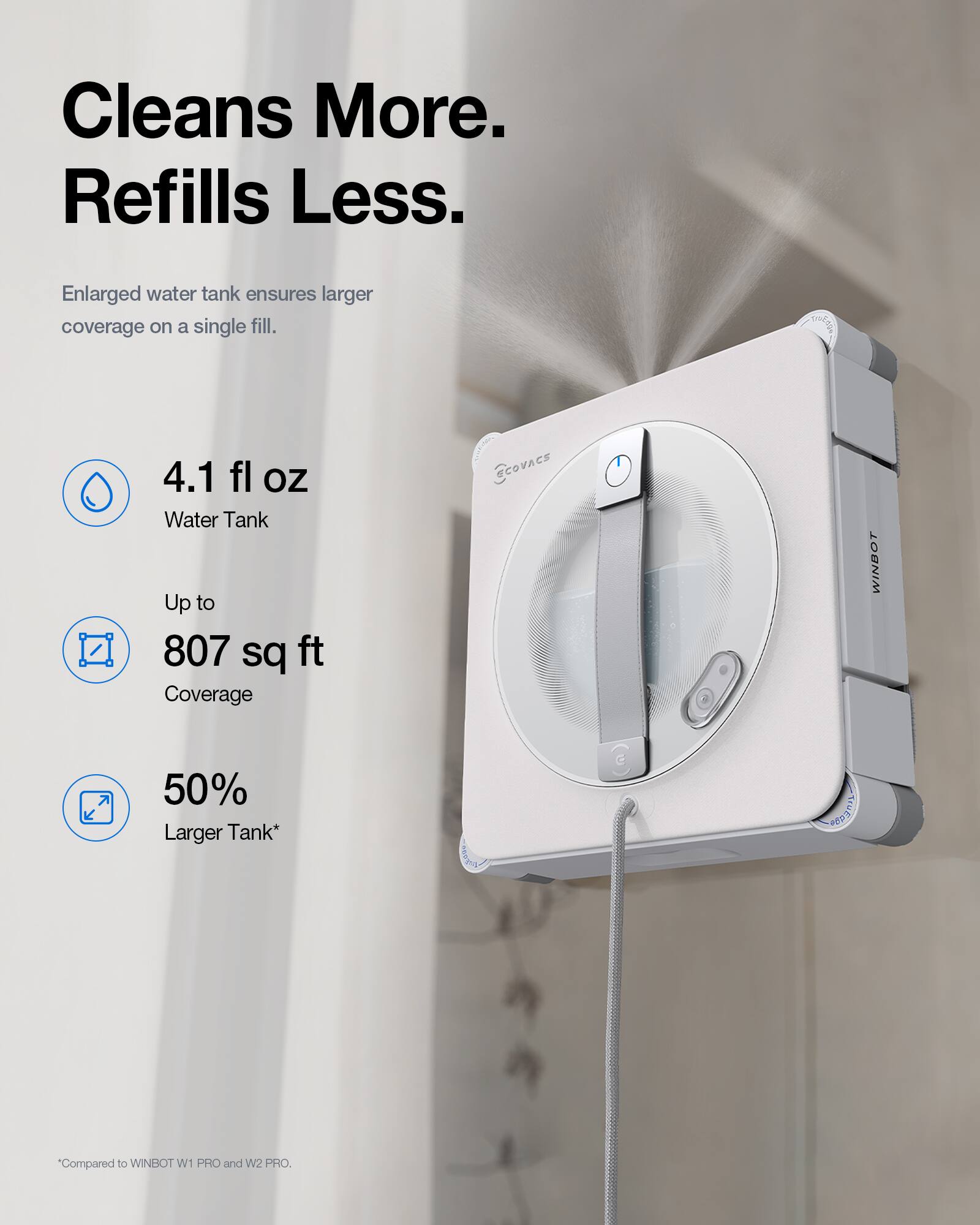 Cleans More. Refills Less.

Enlarged water tank ensures larger coverage on a single fill.

4.1 fl oz Water Tank
Up to 807 sq ft Coverage
50% Larger Tank*

*Compared to WINBOT W1 PRO and W2 PRO.