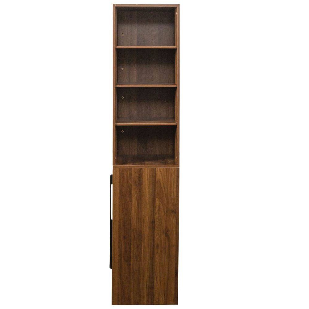 Left. Kadyn - 71-Inch Tall Freestanding Kitchen Pantry with Pull-Out Shelf - Walnut - Brown.