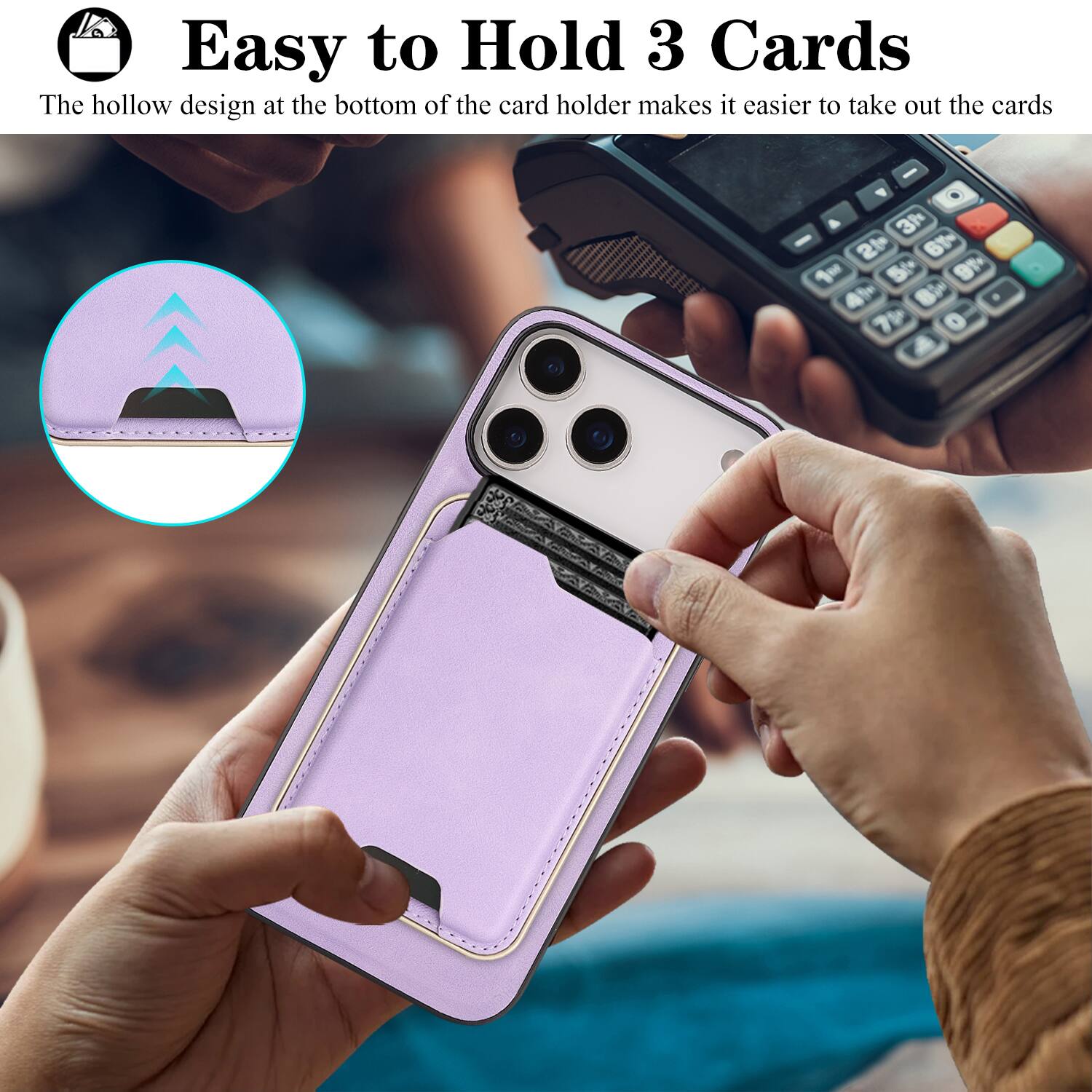 Easy to Hold 3 Cards

The hollow design at the bottom of the card holder makes it easier to take out the cards