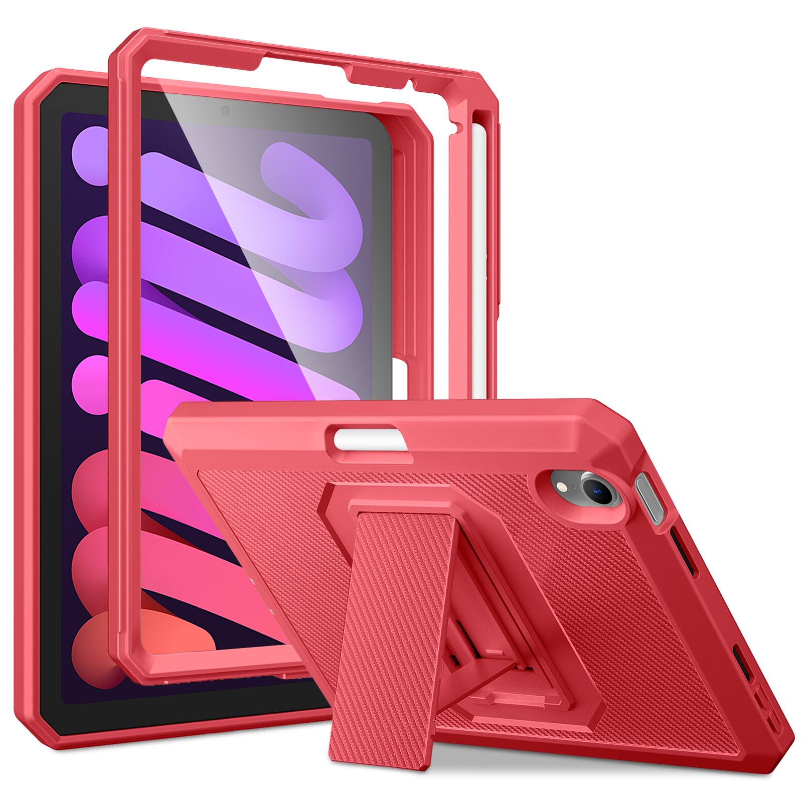 DTTO - Shockproof Case for iPad mini 7 (A17 Pro) 2024 / iPad mini 6 2021 8.3 Inch, Built-in Screen Protector and Pencil Holder - Red