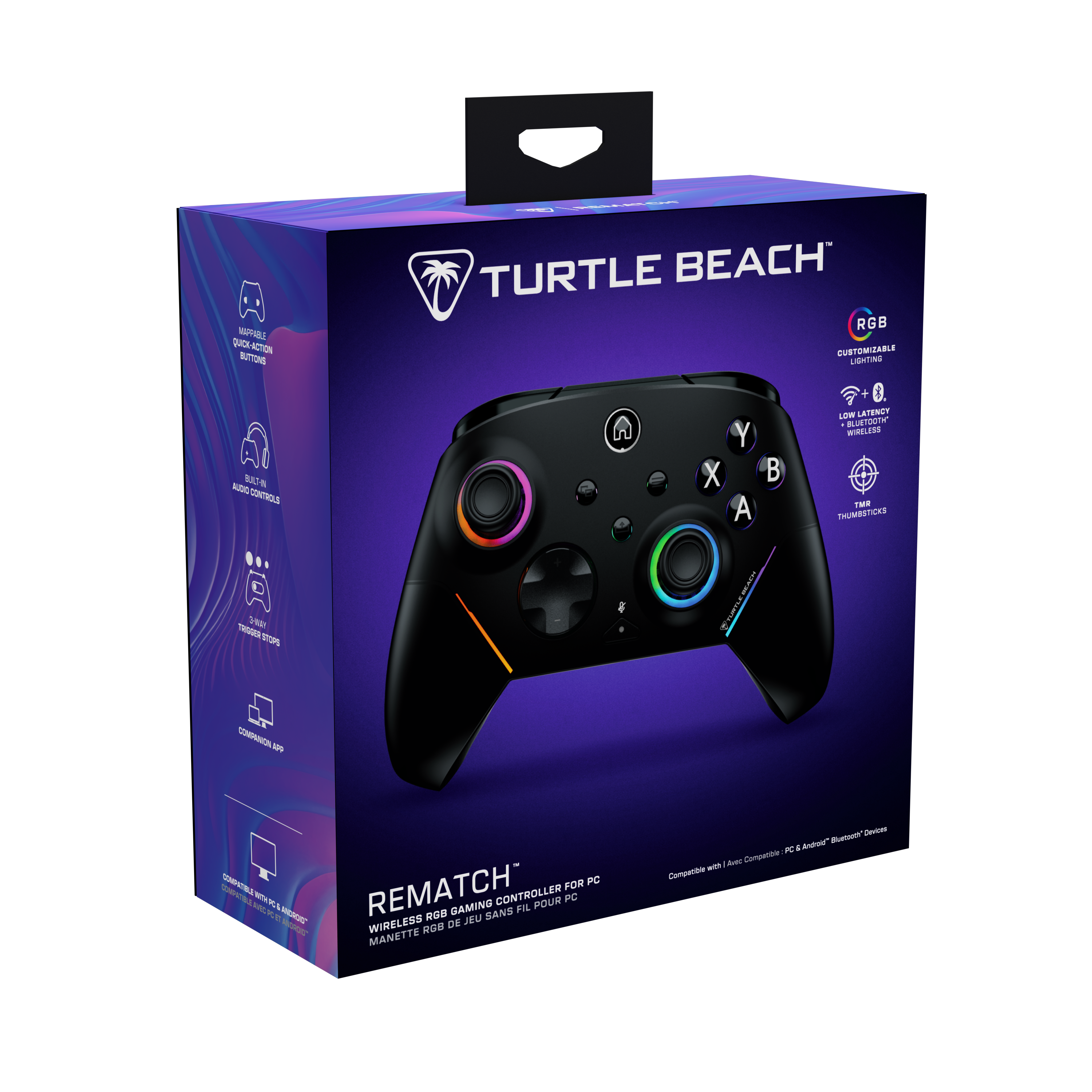 MAPPABLE QUICK-ACTION BUTTONS  
CM POSTART TURTLE BEACH RGB CUSTOMIZABLE LIGHTING  
AUDIO BUILT-IN CONTROLS  
Y X A  

+ LOW LATENCY BLUETOOTH* WIRELESS TMR THUMBSTICKS  
YAM-E TRIGGER STOPS  
COMPANION APP  
COMPATIBLE FOR PC E AVEC PC PC& ET G ANDROID* REMATCH WIRELESS RGB DE GAMING JEU SANS CONTROLLER FIL POUR PC ANDROID* MANETTE RGB  
Bluetooth* Devices PC S Android" / Avec Compatible with Compatible