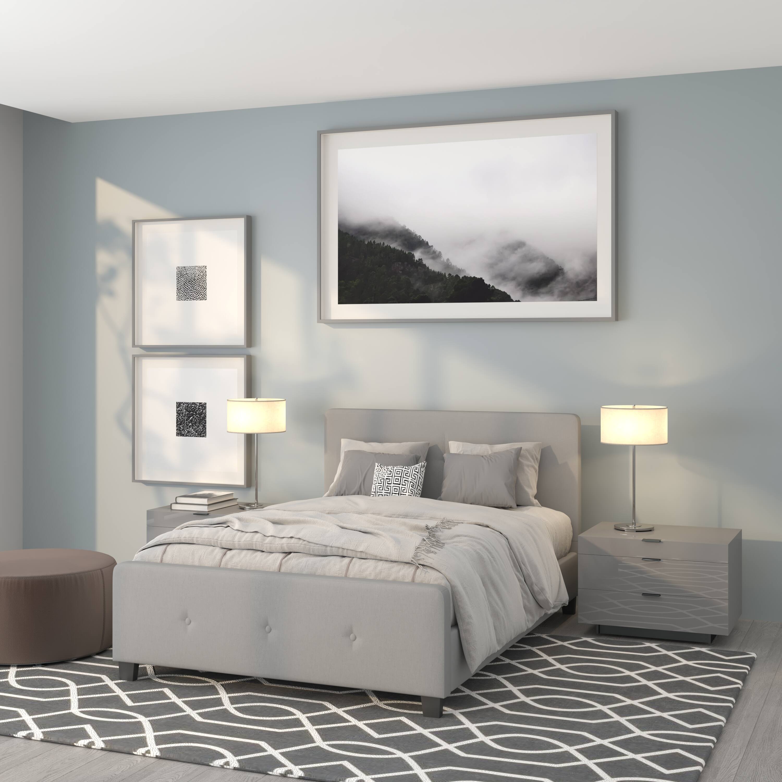 Front. Emma + Oliver - Button Tufted Upholstered Platform Bed - Light Gray.