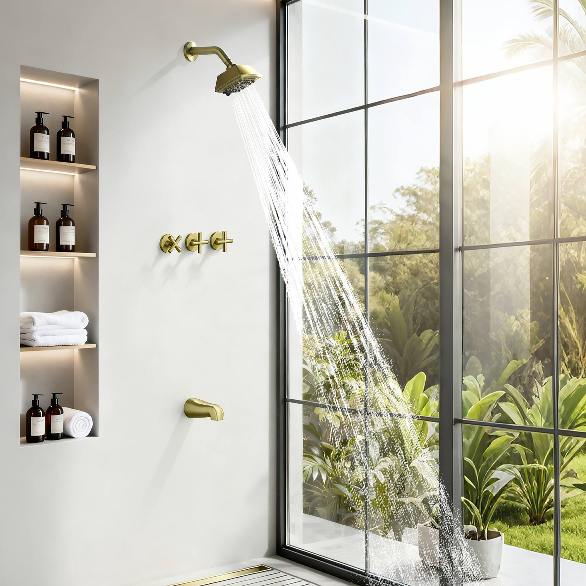 Alt View 2. Boyel Living - Brushed Gold Tub and Shower Set Brass SUS304 Three Handle 5-Function Top Spray High-Flow - Brushed Gold.