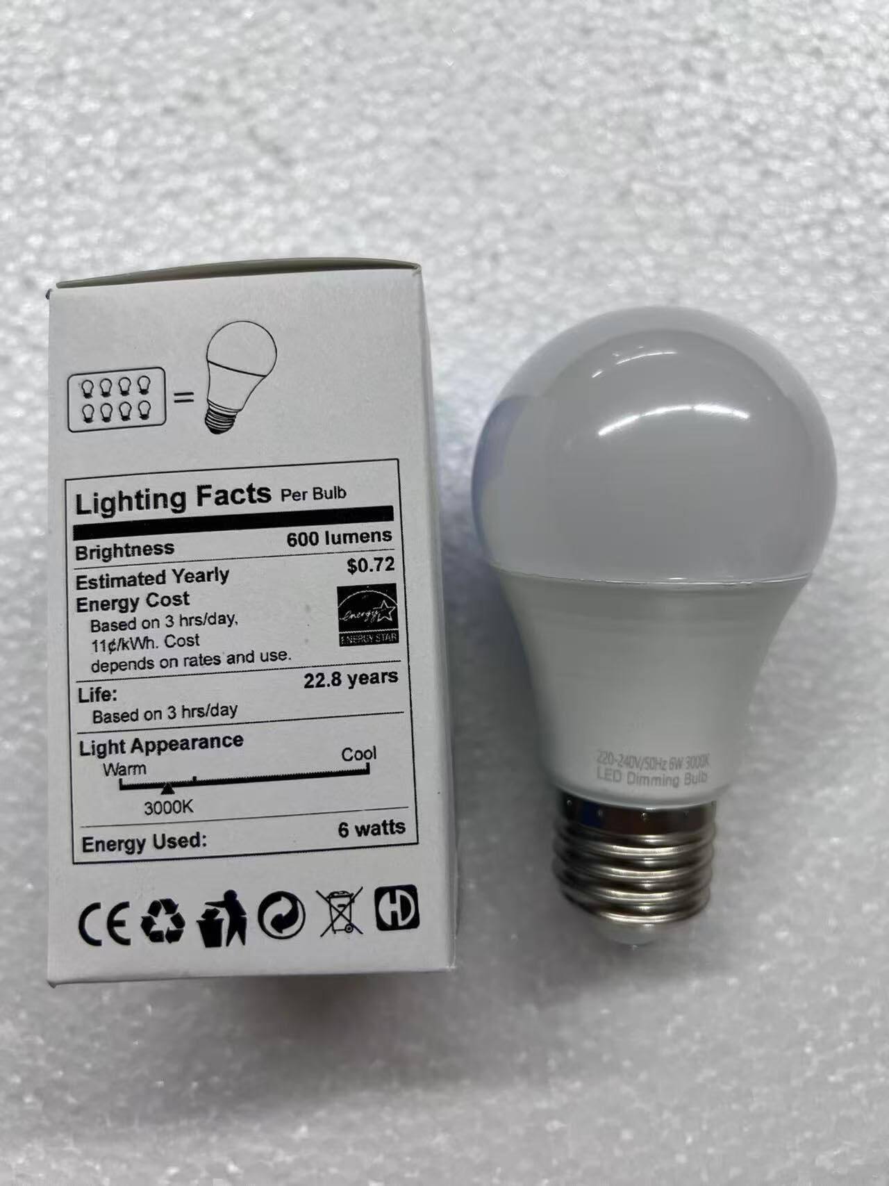 **Lighting Facts Per Bulb**

- **Brightness:** 600 lumens
- **Estimated Yearly Energy Cost:** $0.72 (Based on 3 hrs/day, 11¢/kWh. Cost depends on rates and use.)
- **Life:** 22.8 years (Based on 3 hrs/day)
- **Light Appearance:** Cool Warm 3000K
- **Energy Used:** 6 watts

**Specifications:**
- **Voltage:** 220-240V/50Hz
- **Dimming:** Yes
- **LED Dimming Bulb**

**Certifications:**
- CE
- Energy Star
- HD

**Additional Information:**
- **Dimming:** Yes
- **Voltage:** 220-240V/50Hz
- **Wattage:** 6 watts
- **Color Temperature:** 3000K
