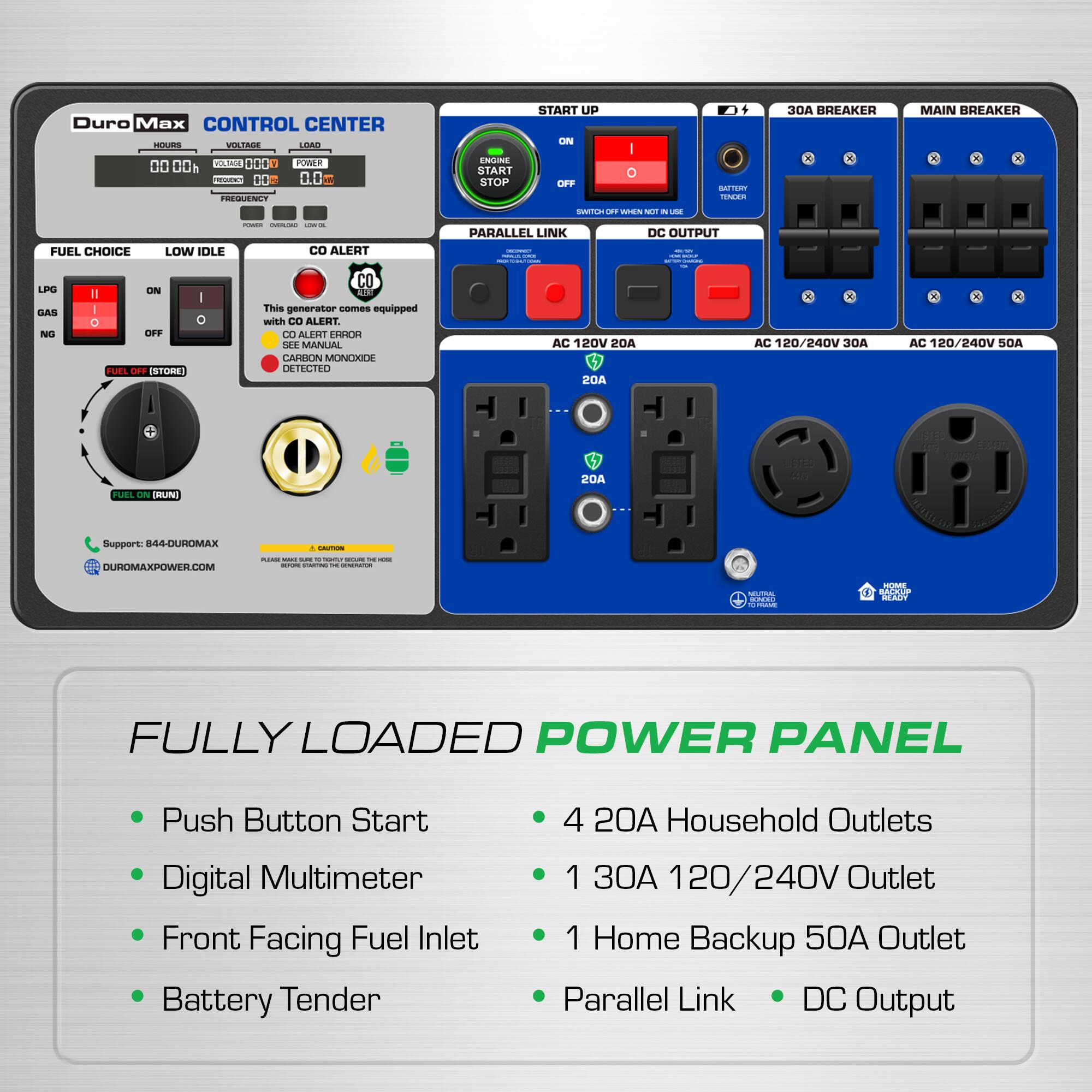 Duro Max CONTROL CENTER

OURS VOLPAGE LORO 00 00 VLSAA 1.0 PWEE U 00 0.0 FREGUENCT ENCmE START STOP START UP ON O I BAPESY - 3OA BREAKER x MAIN BREAKER x - - - - I FUEL CHOICE LOW IDLE I - - - ALERT PARALLEL LINK DC OUTPUT - LPG DAS N I1 I O CN I O OFF PURI TWE ISTORES CO 1

This generator comes equipped with CO ALERT. 00 ALEHT CRE JA MANUAL CARON MONOXIDE CETOURED AC 120V 20A AOS . AC 120/240V 3DA AC 120/240V SOA e TUEL LI (RUNI AOS

Support: 44-CUROMAX DUROMAXPOWER.COM

FULLY LOADED POWER PANEL

- Push Button Start
- Digital Multimeter
- Front Facing Fuel Inlet
- Battery Tender
- 4 20A Household Outlets
- 1 30A 120/240V Outlet