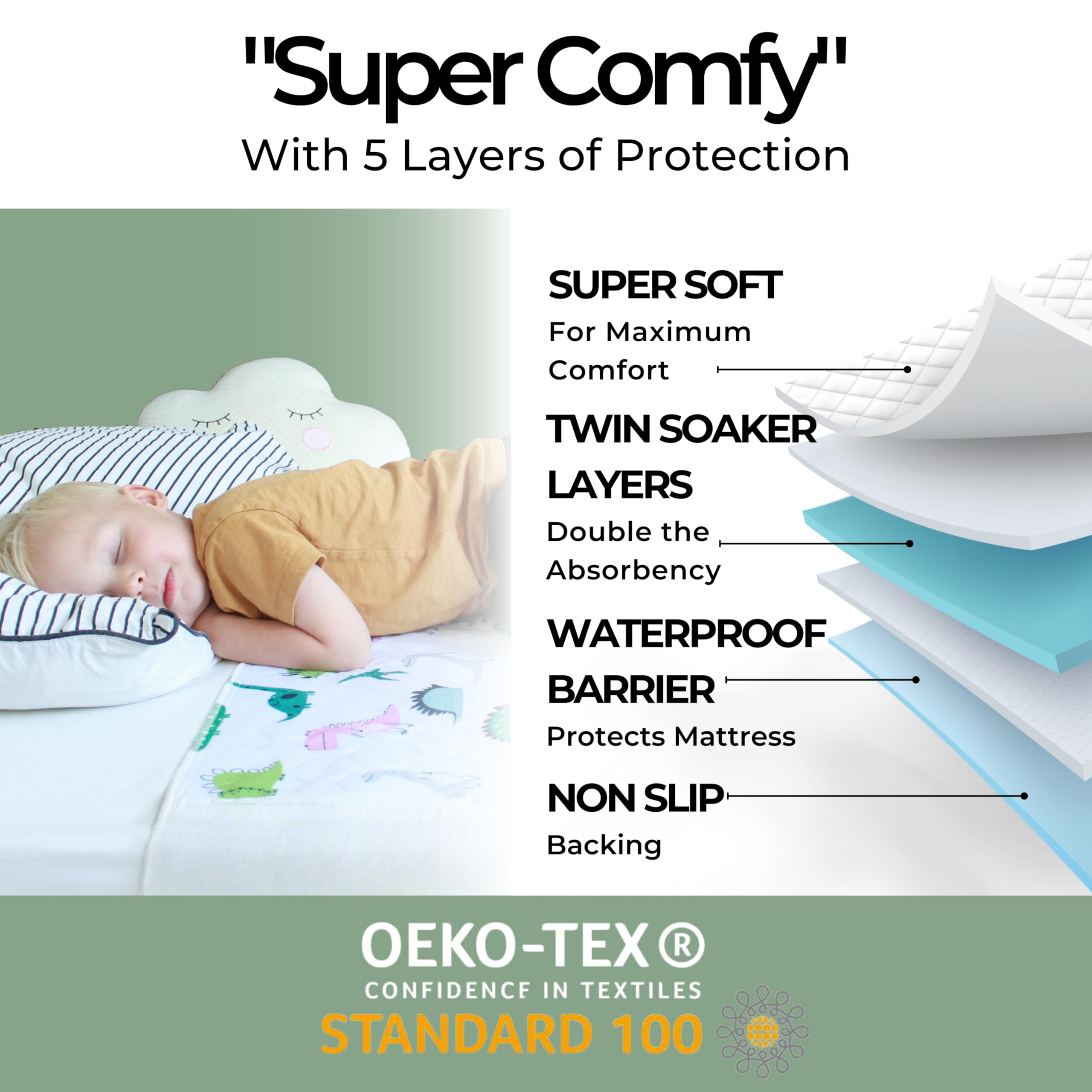 "Super Comfy"  
With 5 Layers of Protection

- SUPER SOFT  
  For Maximum Comfort

- TWIN SOAKER LAYERS  
  Double the Absorbency

- WATERPROOF BARRIER  
  Protects Mattress

- NON SLIP Backing

OEKO-TEX®  
CONFIDENCE IN TEXTILES  
STANDARD 100