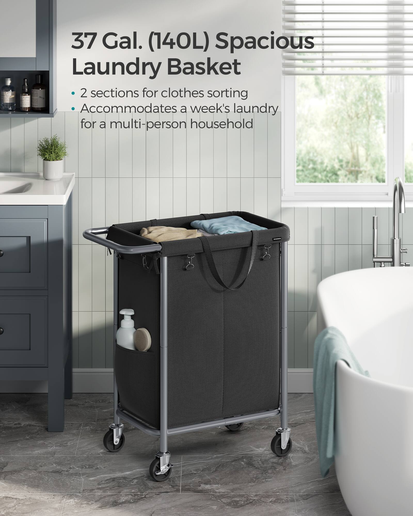 37 Gal. (140L) Spacious Laundry Basket

- 2 sections for clothes sorting
- Accommodates a week's laundry for a multi-person household