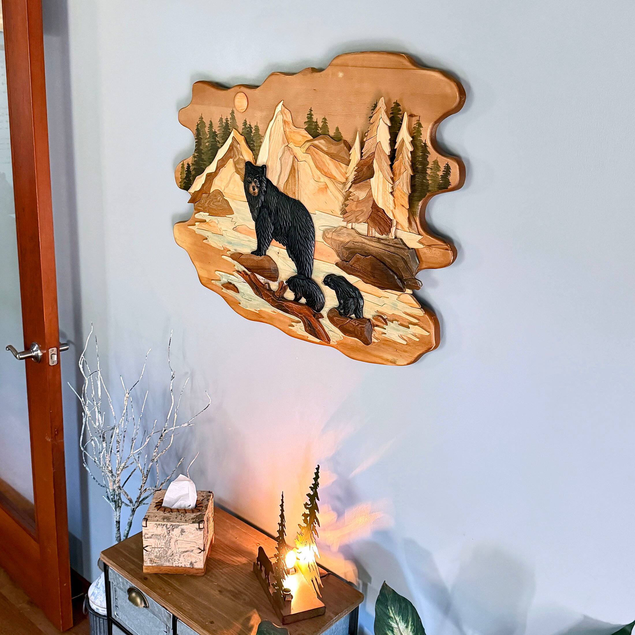 Alt View 4. Zeckos - Bear Family River 25.5x34 Intarsia Wood Wall Sculpture Rustic Cabin Art - Brown.