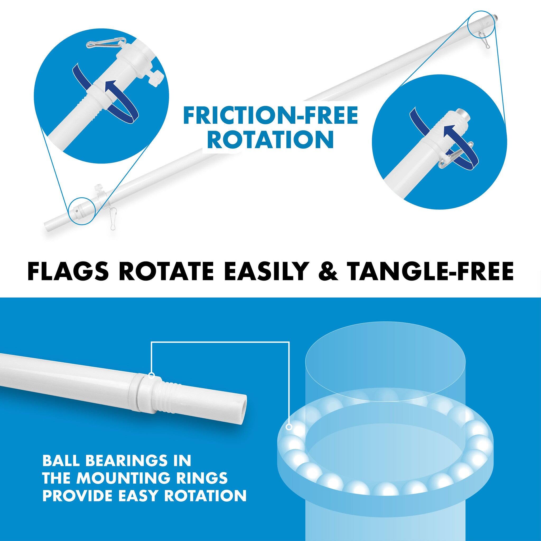 Friction-free rotation flags rotate easily & tangle-free. Ball bearings in the mounting rings provide easy rotation.