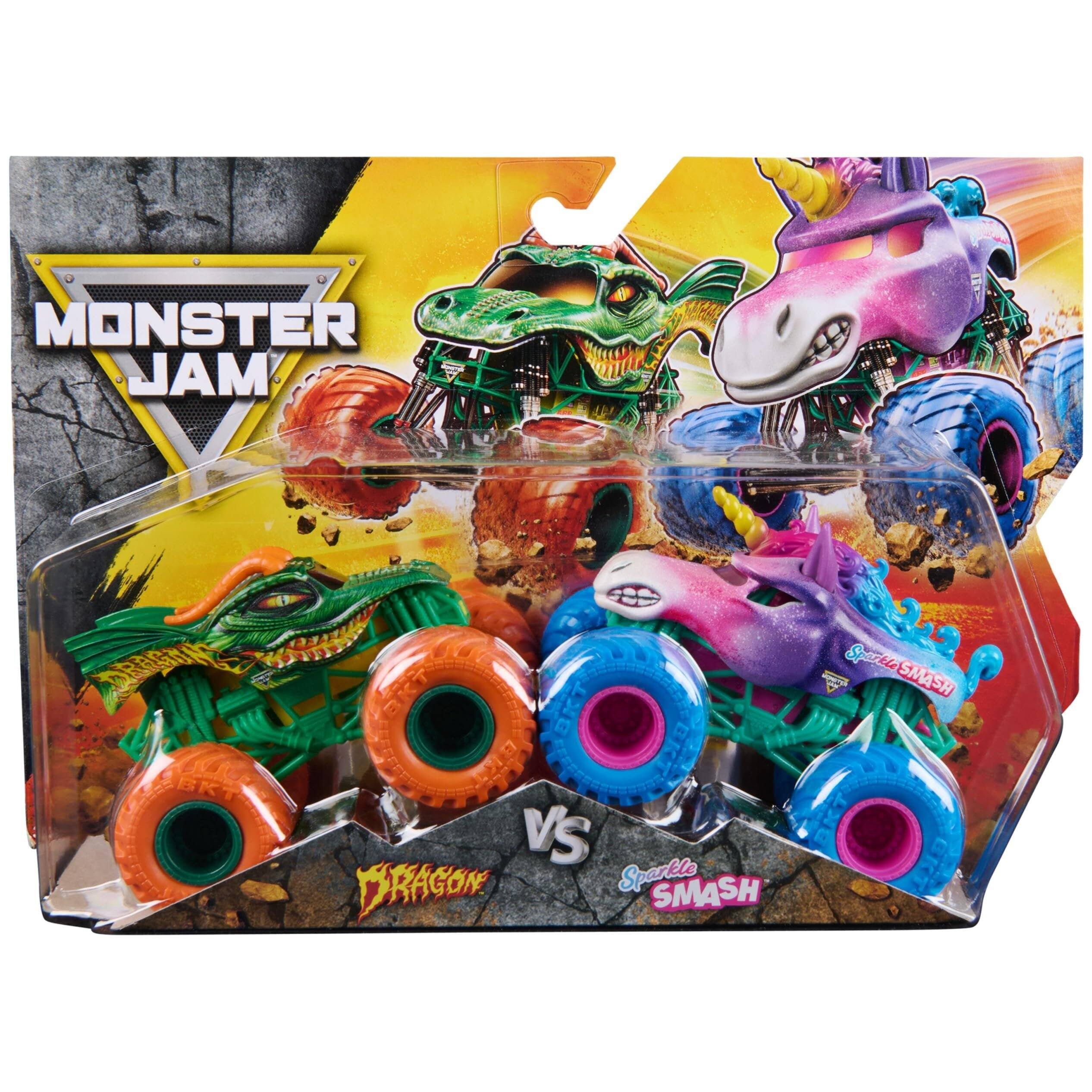 Monster Jam - Dragon vs Sparkle Smash 1:64 Die-Cast Monster Truck Set, Series 33, Ages 3+ - Green & Pink