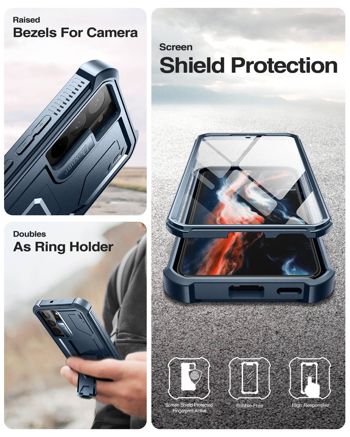 Raised Bezels For Camera  
Screen Shield Protection  
Doubles As Ring Holder  

Screen Shield Protected  
Bubble-Free  
High Responsive  
Fingerprint Active