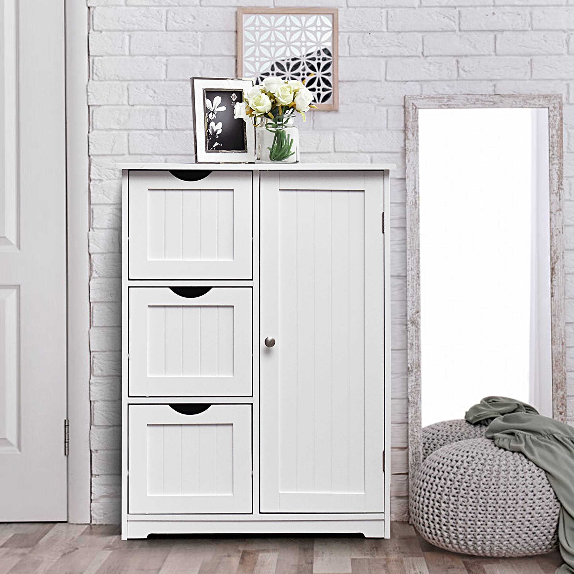 Alt View 2. Costway - Costway Bathroom Floor Cabinet Side Storage Cabinet with 3 Drawers and 1 Cupboard - White.