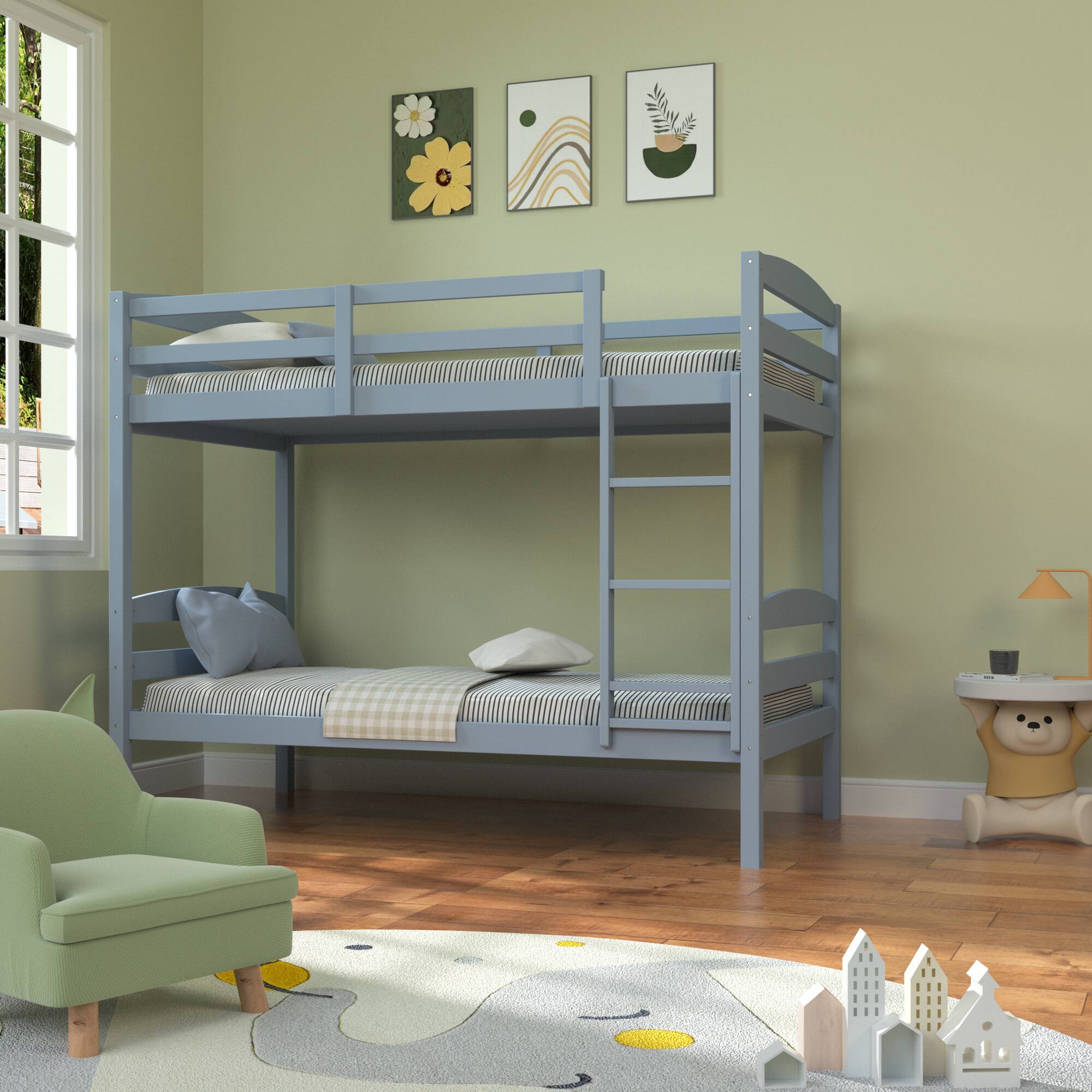 Alt View 2. Vaczon - Twin-Over-Twin Bunk Bed Wood Bunk Bed for Kids Bedroom, Durable Solid Hardwood Frame - Gray.