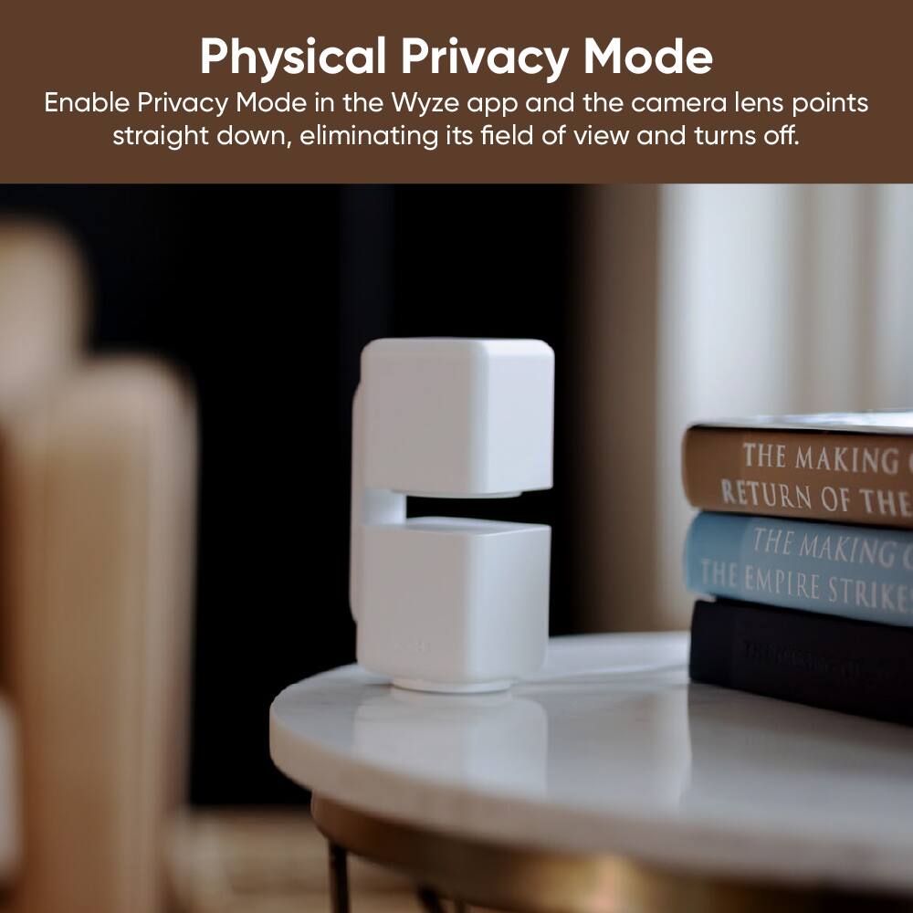 Physical Privacy Mode

Enable Privacy Mode in the Wyze app and the camera lens points straight down, eliminating its field of view and turns off.