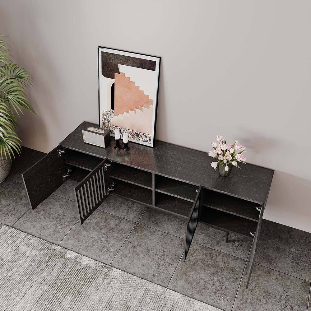 Alt View 6. POVISON - 71" Mid-Century Modern TV Stand, Minimalist Slatted Wood TV Console with Black Tall-Cast Metal Feet, Black Oak - Black.