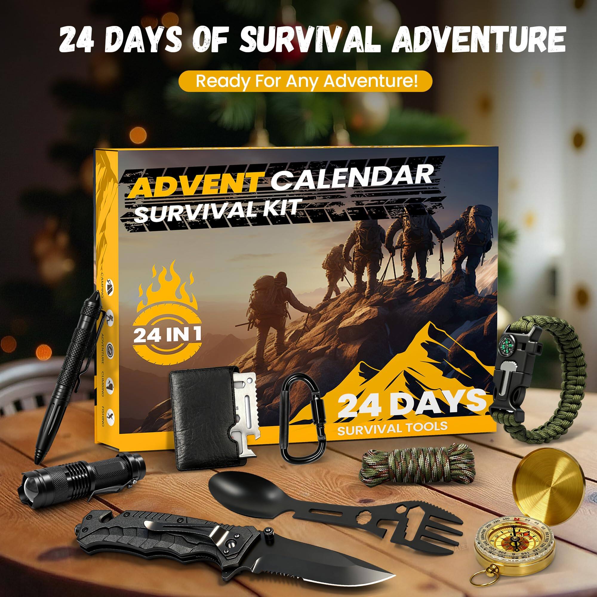 24 DAYS OF SURVIVAL ADVENTURE  
Ready For Any Adventure!  

ADVENT CALENDAR SURVIVAL KIT  
24 IN 1  

24 DAYS SURVIVAL TOOLS