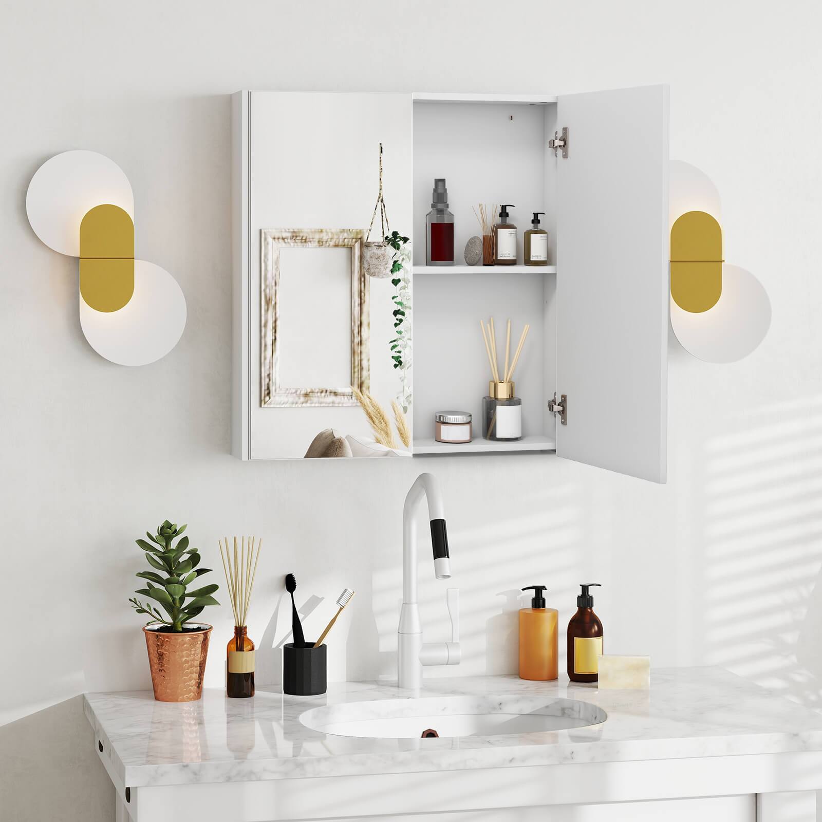 Alt View 3. Costway - Costway 24.5" x 42.5" Bathroom Wall Cabinet with Double Mirrored Doors & Adjustable Shelf - White.
