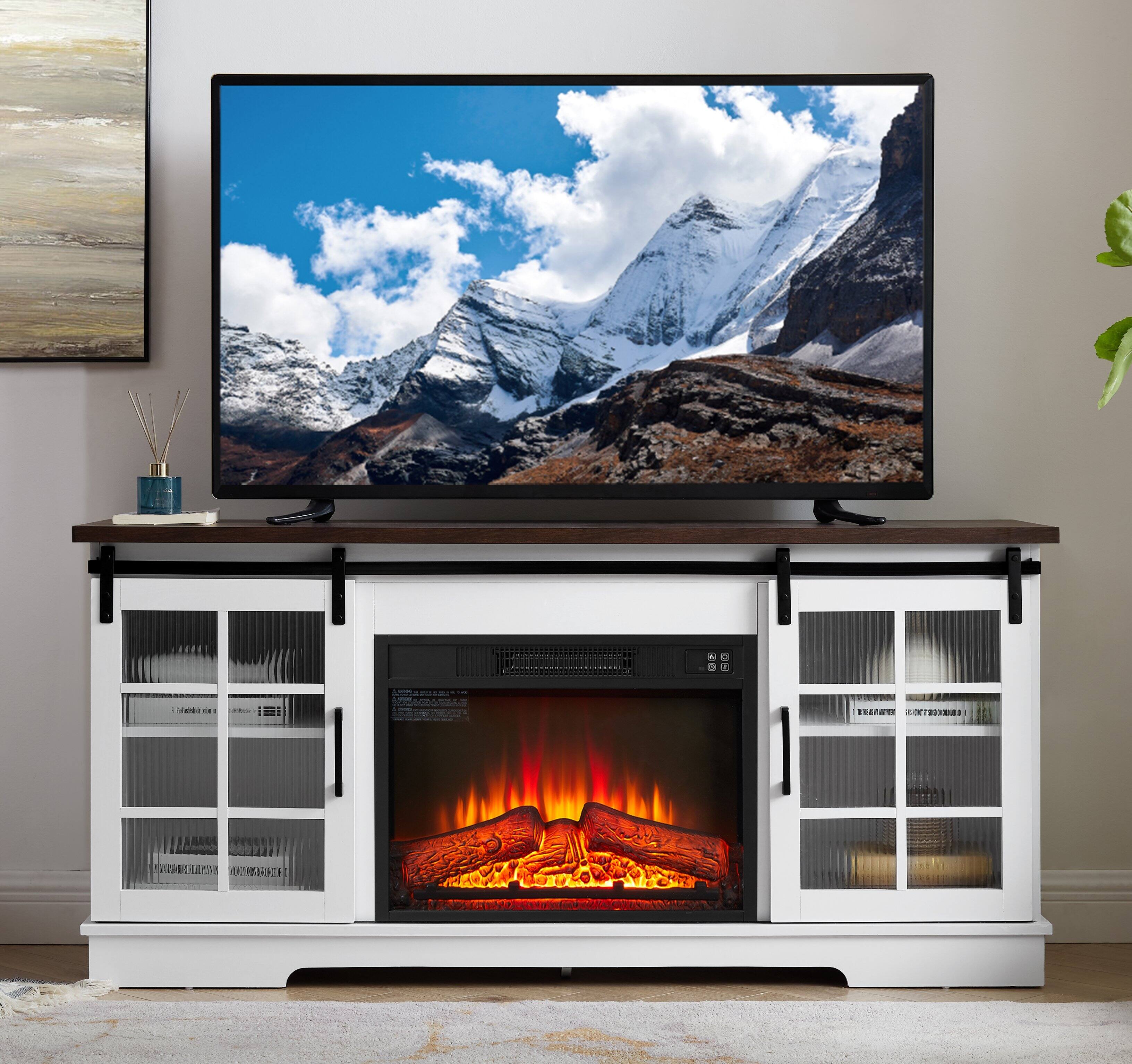 Front. TinyHomie - 59 inch W Multipurpose Sliding Door TV Cabinet 23inch Fireplace White+Brown.