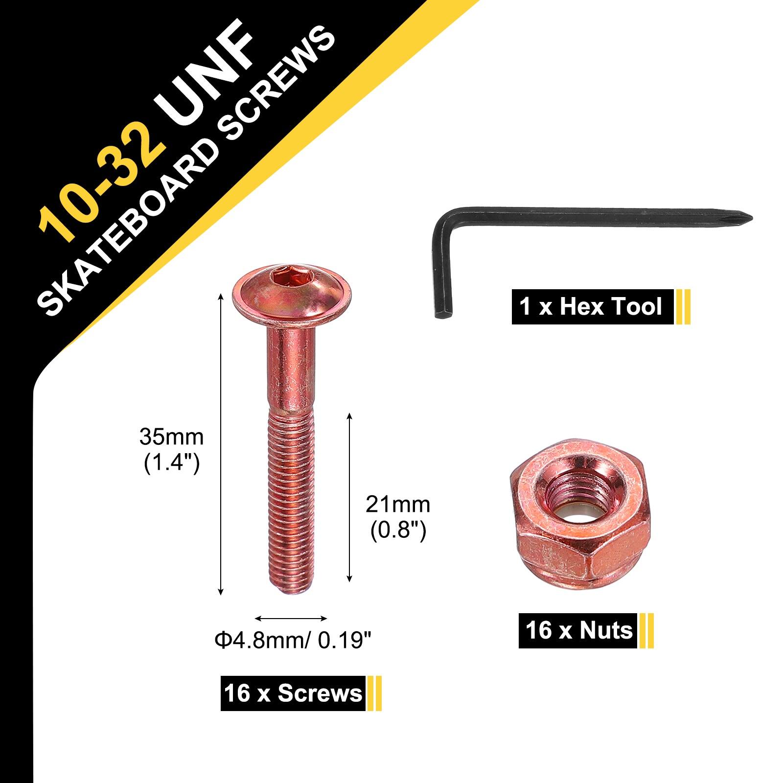 10-32 UNF SKATEBOARD SCREWS

35mm (1.4")
21mm (0.8")
1 x Hex Tool
4.8mm/ 0.19"
16 x Nuts
16 x Screws