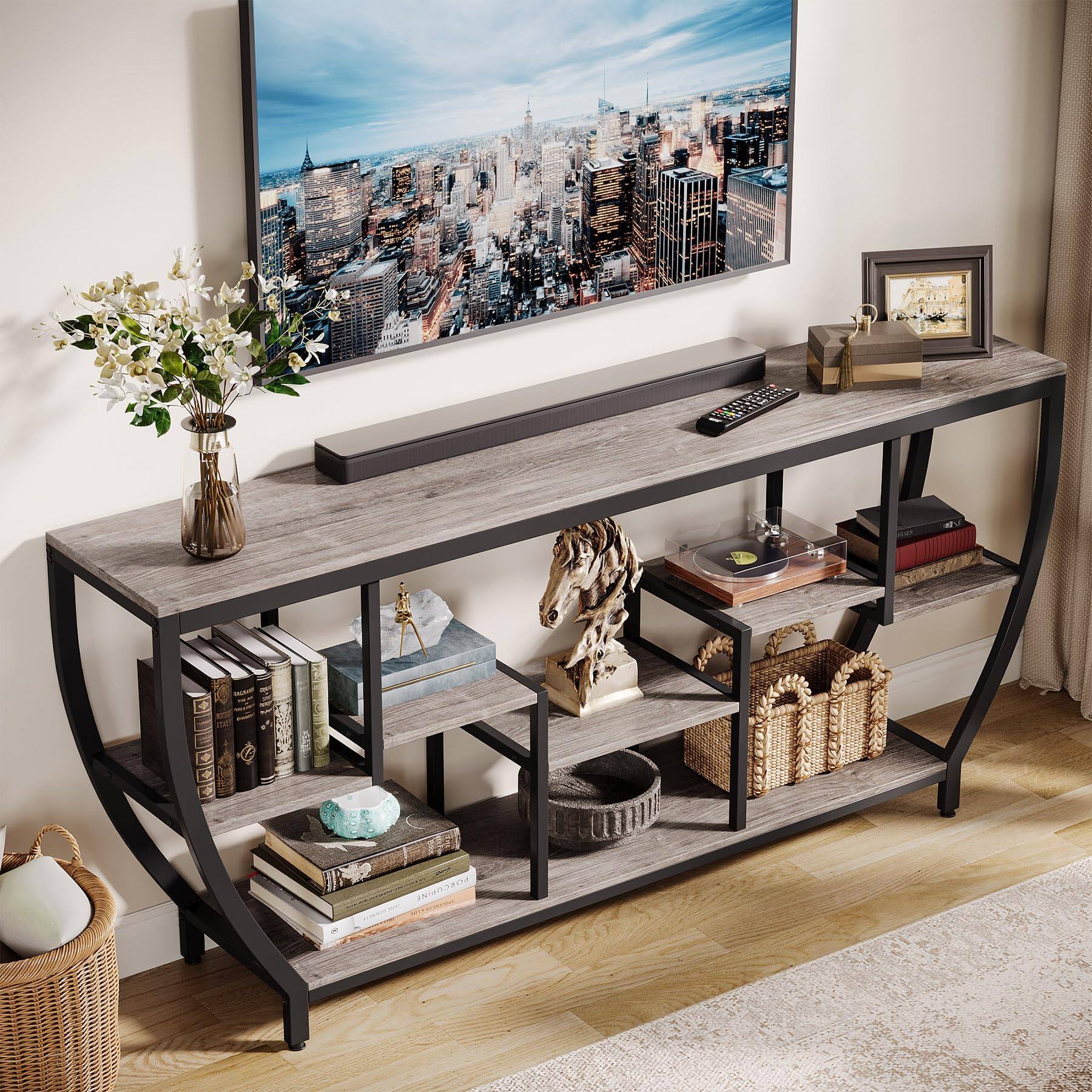 Back. Tribesigns - 70.9-Inch Industrial TV Stand with Staggered Open Shelves and Metal Frame for TVs up to 80 Inches - Grey.