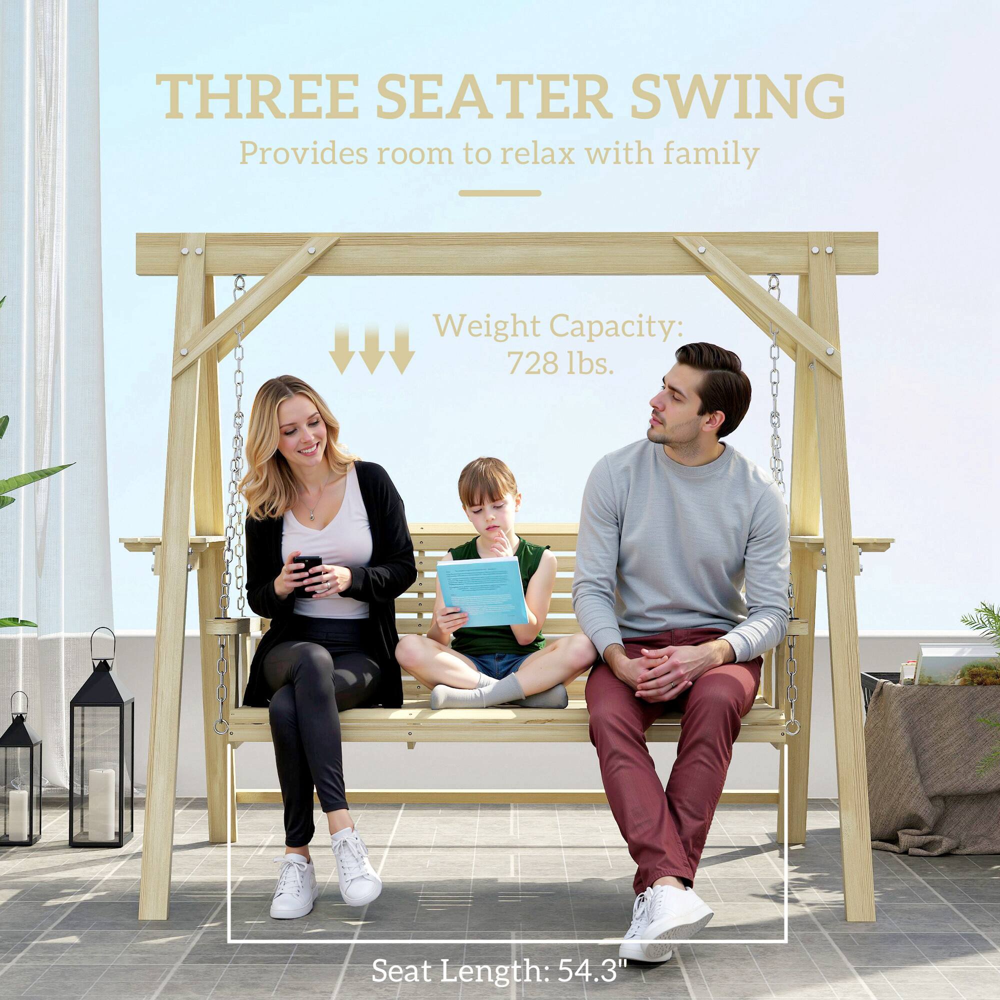 THREE SEATER SWING  
Provides room to relax with family  

Weight Capacity: 728 lbs.  

Seat Length: 54.3"