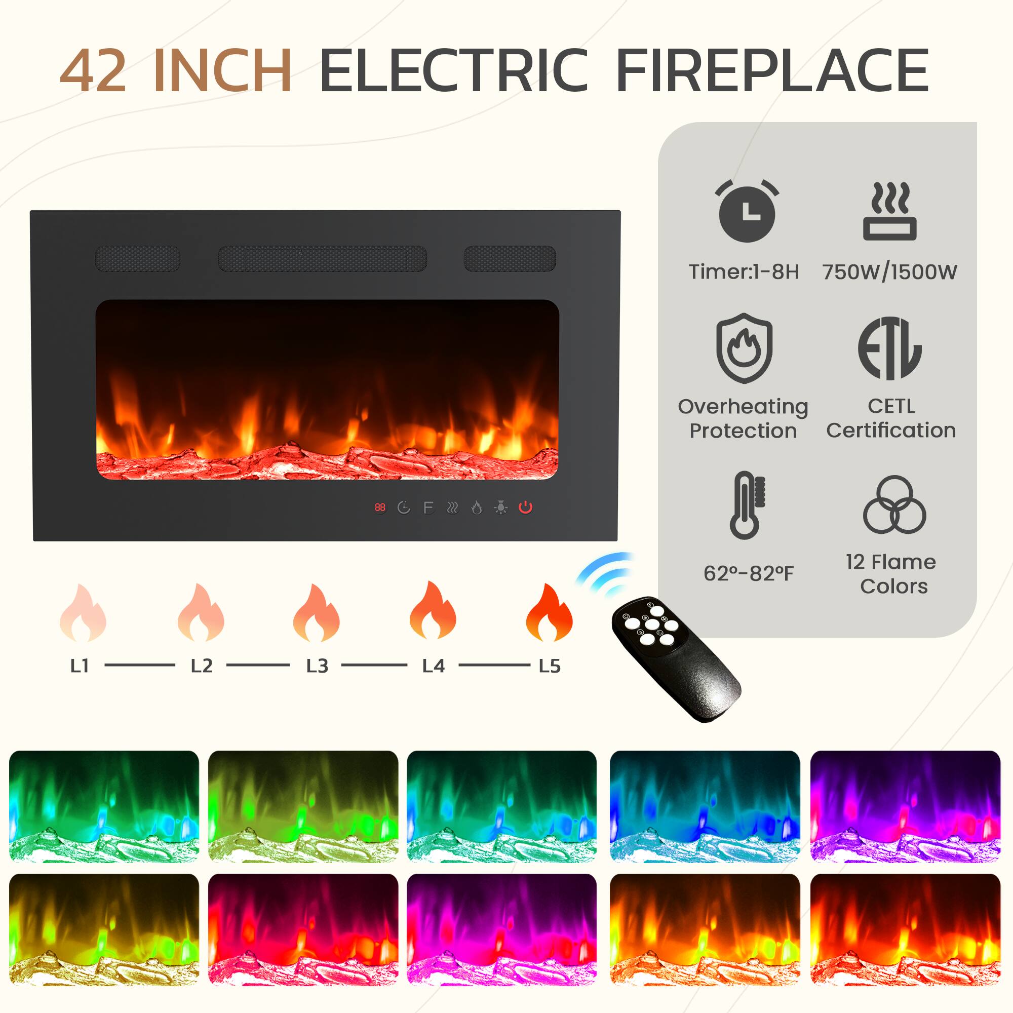 42 INCH ELECTRIC FIREPLACE

Timer: 1-8H  
750W/1500W  
Overheating Protection  
CETL Certification  
62-82°F  
12 Flame Colors  
L1 L2 L3 L4 L5