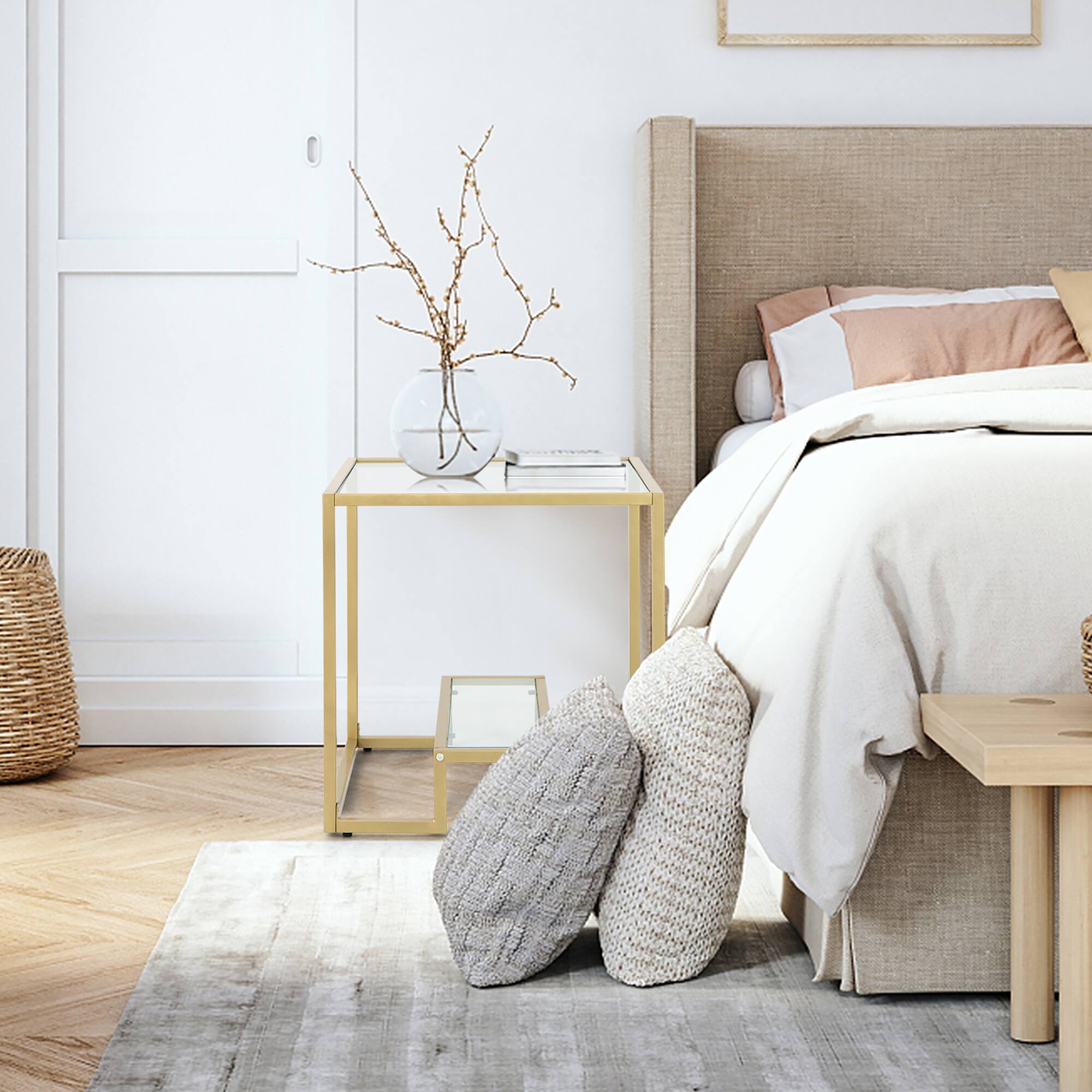 Left. Costway - 22" 2-Tier Sofa Side Table Square Metal Frame for Living Room Bedroom - Bronze.