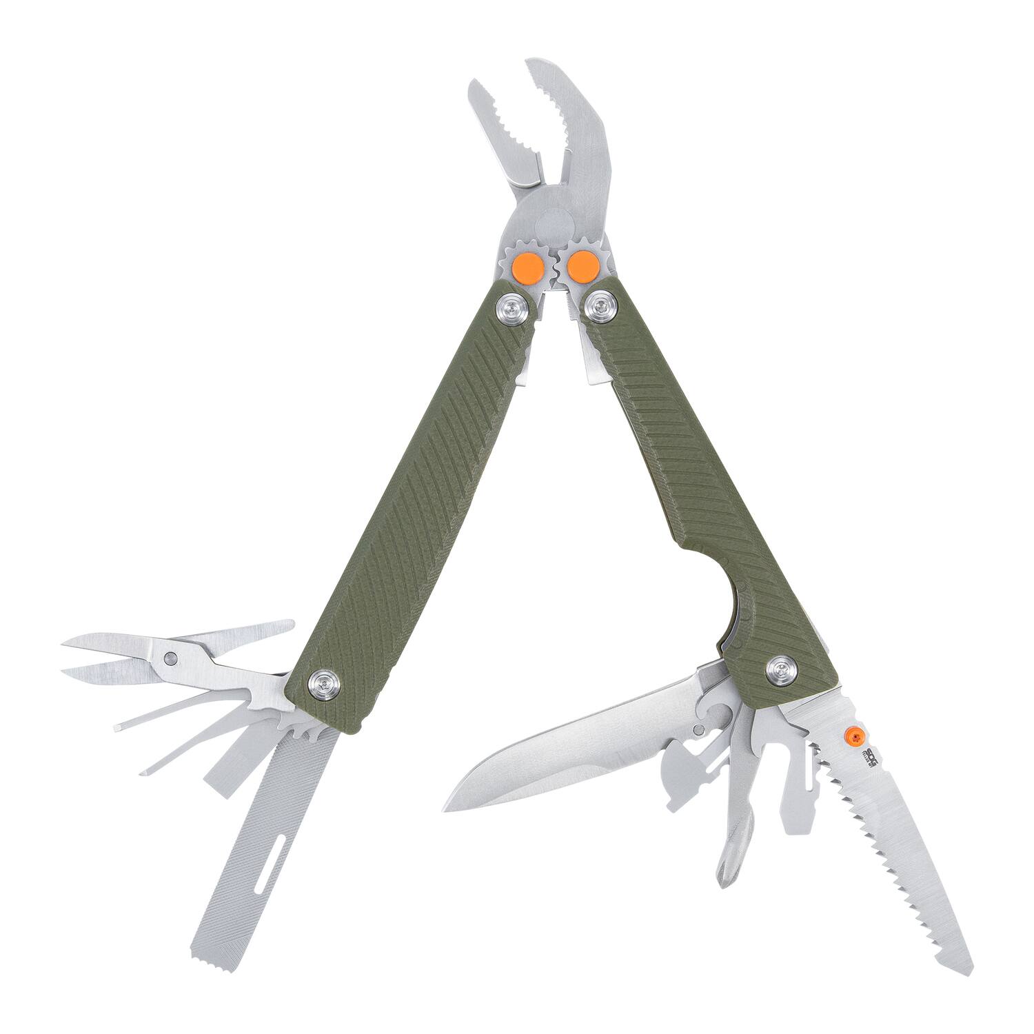 Front. SOG - Tellus MT 15-in-1 Multi-Tool with Nylon Pouch.