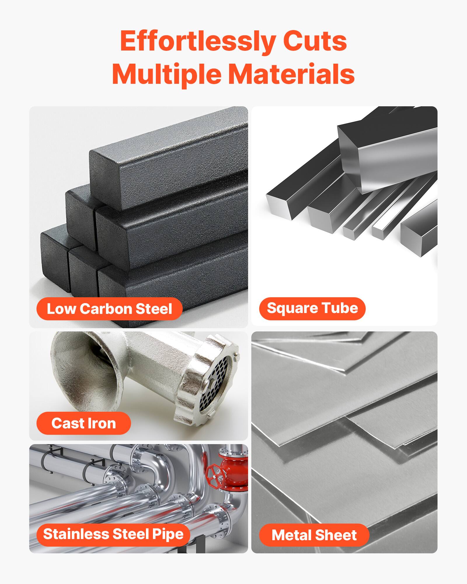 Effortlessly Cuts Multiple Materials

- Low Carbon Steel
- Square Tube
- Cast Iron
- Stainless Steel Pipe
- Metal Sheet