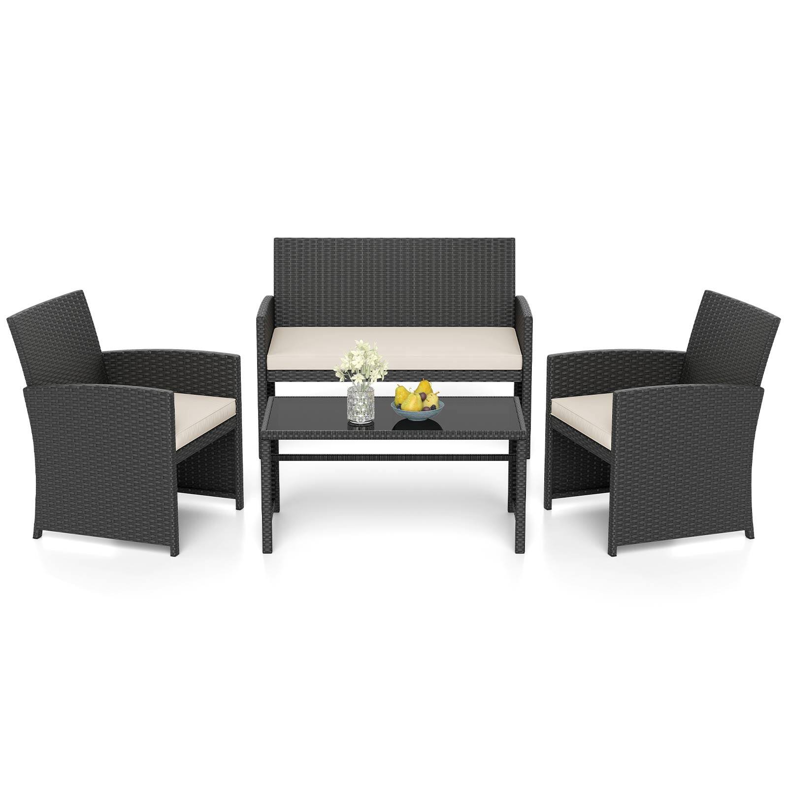 Alt View 9. Gymax - Gymax Set of 4 Patio Conversation Set w/Seat Cushions & Tempered Glass Tabletop Porch Outdoor - White.