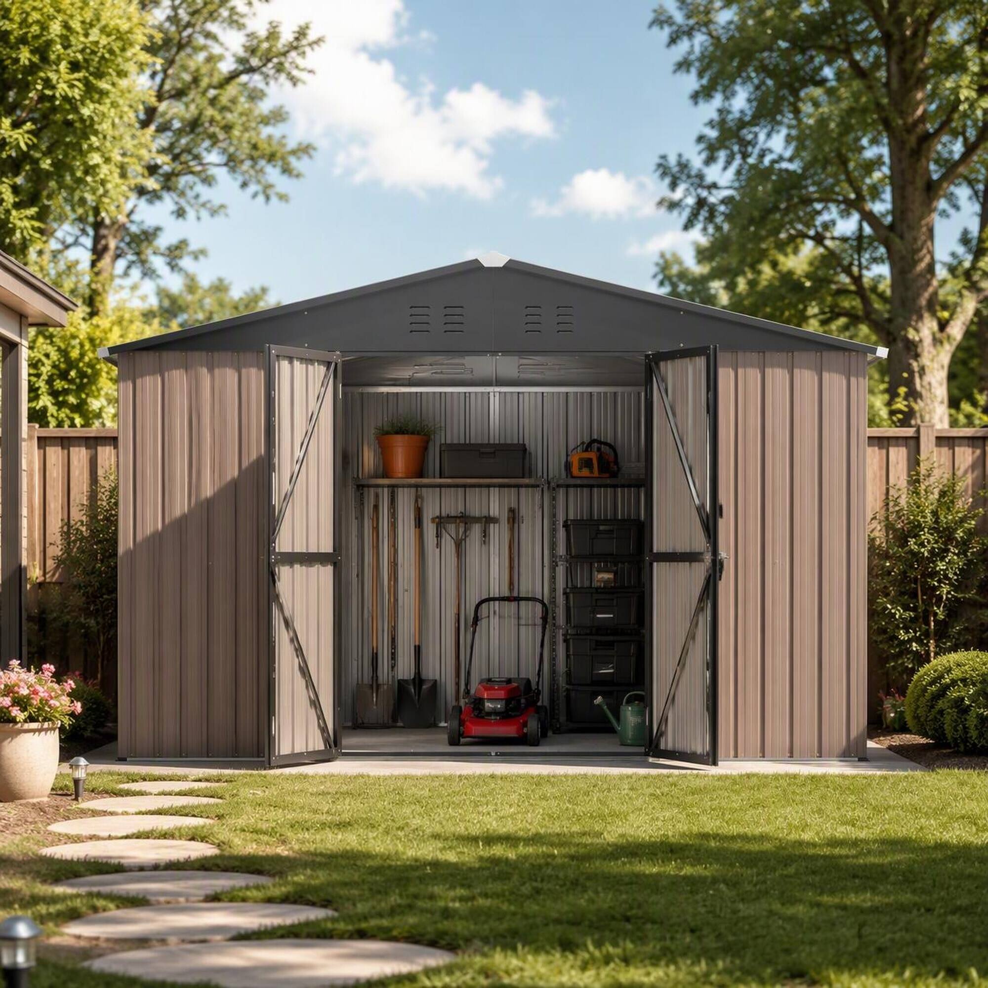 Angle. RYHNUYNE - 10x10 ft Brown Metal Shed Lockable Doors Reinforced Frame Backyard Garden Tools - Brown.