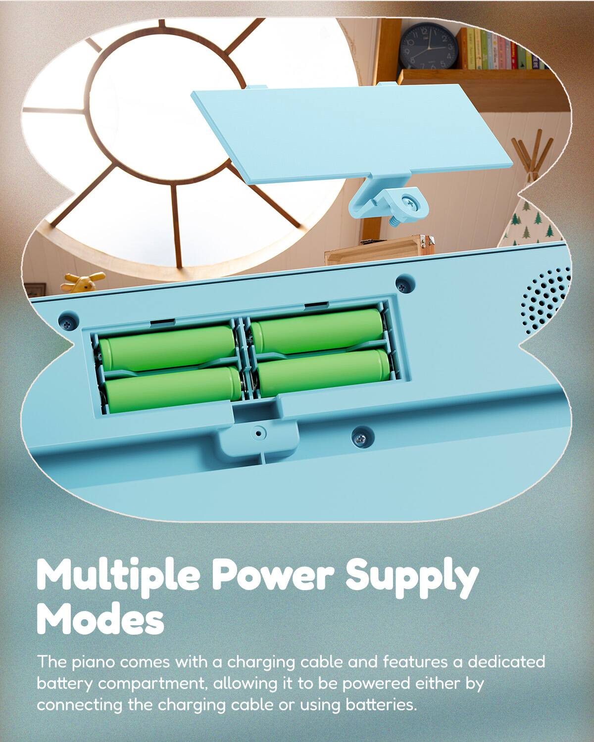 Multiple Power Supply Modes

The piano comes with a charging cable and features a dedicated battery compartment, allowing it to be powered either by connecting the charging cable or using batteries.