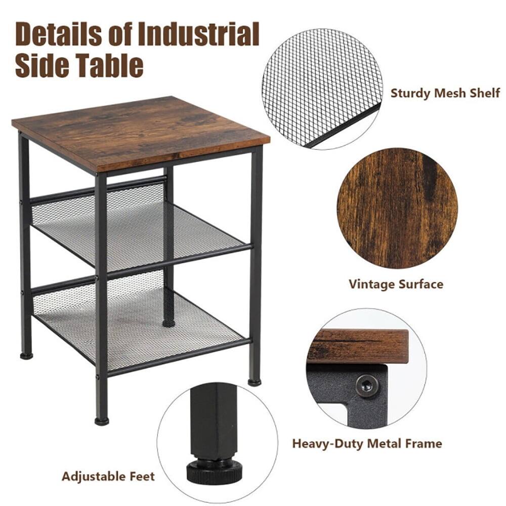 Details of Industrial Side Table

- Sturdy Mesh Shelf
- Vintage Surface
- Heavy-Duty Metal Frame
- Adjustable Feet