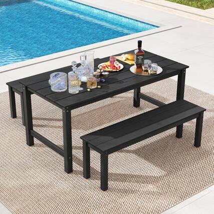 Front. Gymax - Gymax 3PCS Dining Table Set w/ 2 BenchesPatio HDPE Weather Resistant Furniture Set Black - Black.