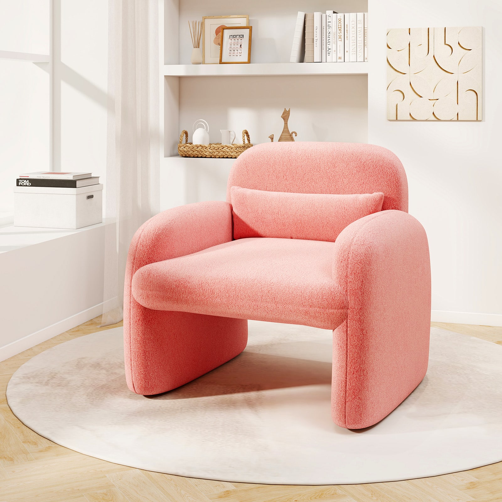 Gymax - Modern Accent Chair Sherpa Fabric Upholstered Armchair w/ Waist Pillow - Pink