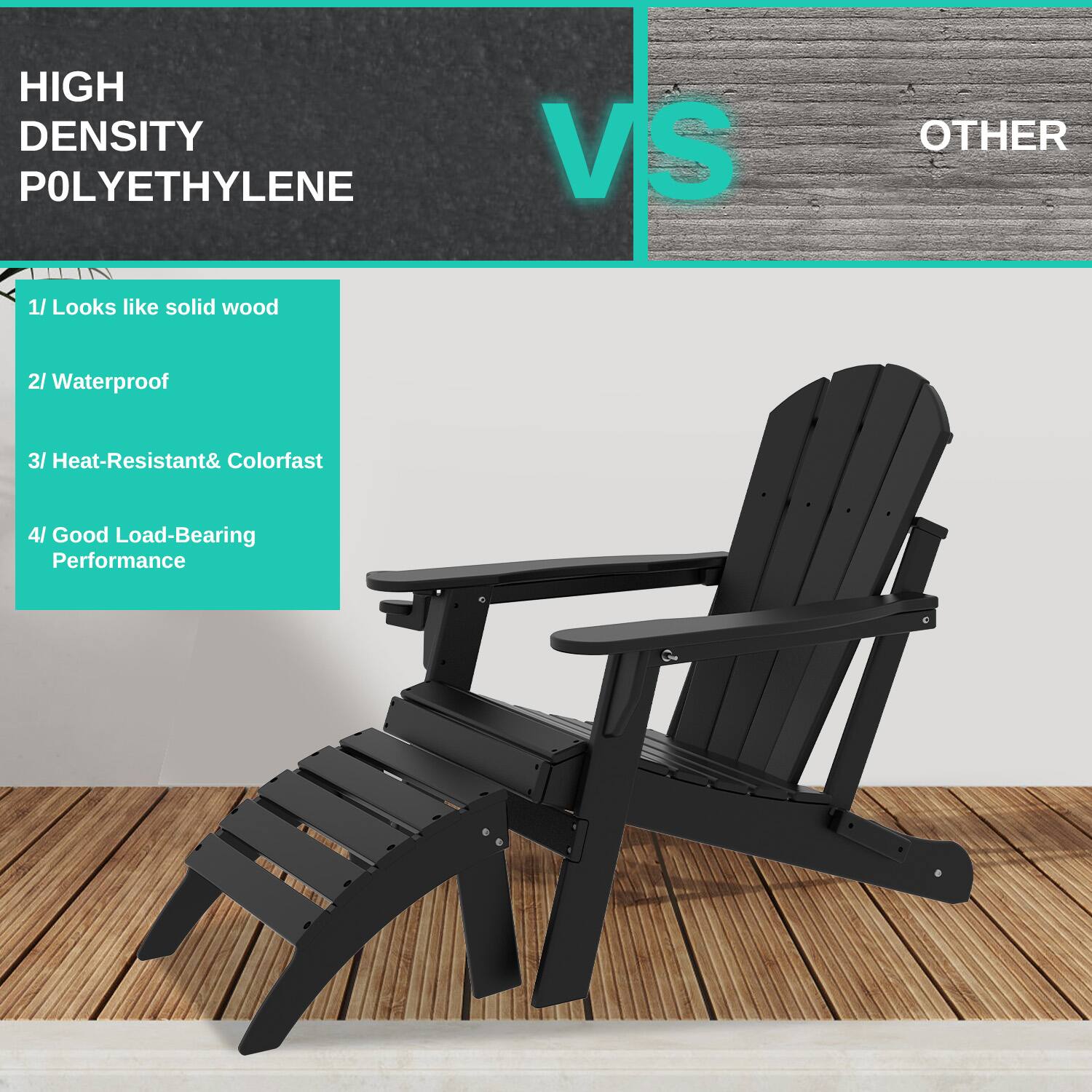 HIGH DENSITY POLYETHYLENE VS OTHER

1/ Looks like solid wood
2/ Waterproof
3/ Heat-Resistant & Colorfast
4/ Good Load-Bearing Performance