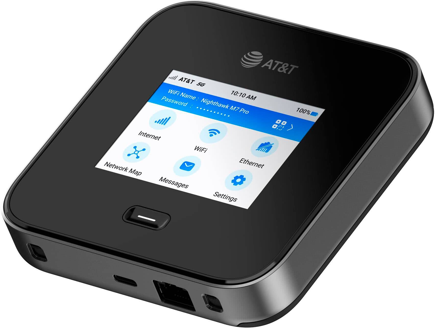 AT&T AT&T 5G WiFi 10:10 Password Name: AM Nighthawk M7 Pro 100% Internet WiFi Network Ethernet Ma Messages Settings