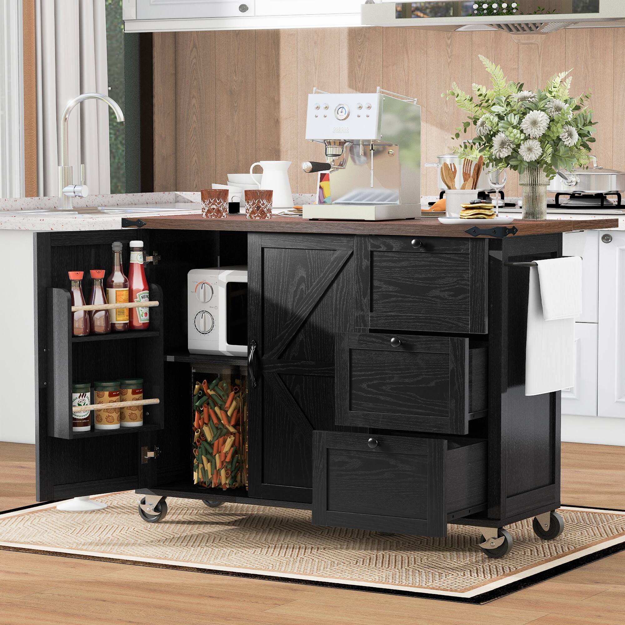 Angle. PexFix - 54.5" Farmhouse Kitchen Island Cart with Built-in Power Outlet, Drop Leaf and Rolling Casters - Black.