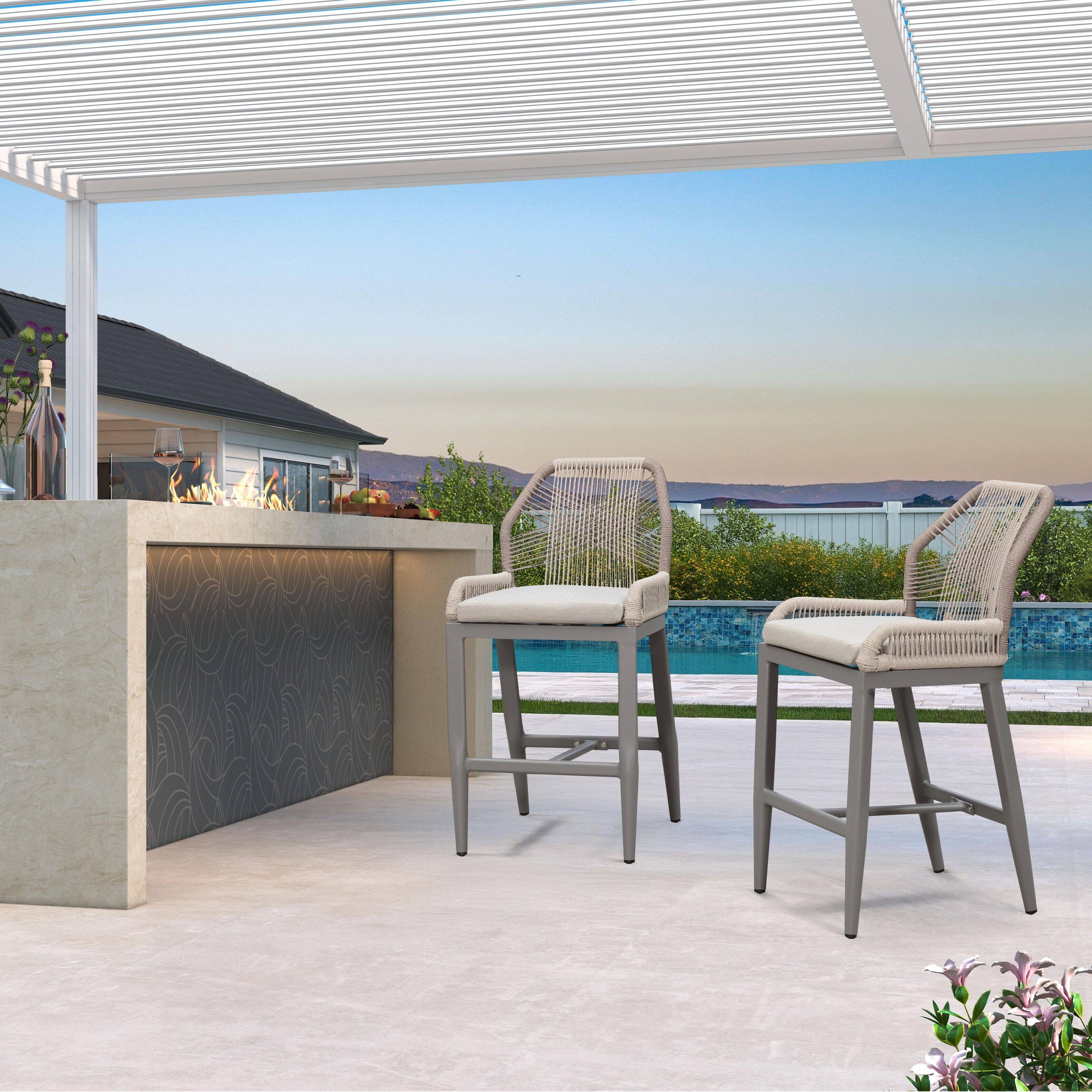PURPLE LEAF - Patio Outdoor Bar Stool Bar/Counter Height Set of 2 Rattan Chair with Back Modern Aluminum Woven Barstools for Garden - Light Grey-Counter Stool