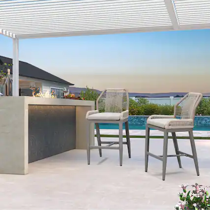 Front. PURPLE LEAF - Patio Outdoor Bar Stool Bar/Counter Height Set of 2 Rattan Chair with Back Modern Aluminum Woven Barstools for Garden - Light Grey-Counter Stool.