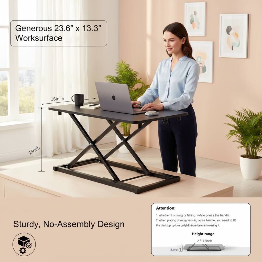 Generous 23.6" x 13.3" Worksurface

16inch

Sturdy, No-Assembly Design

Attention:
1. Whether it is rising or falling, while pressing the handle.
2. When placing down or pressing the handle, you need to lift the desktop up to a comfortable height before lowering it.

Height range: 2.3-16inch