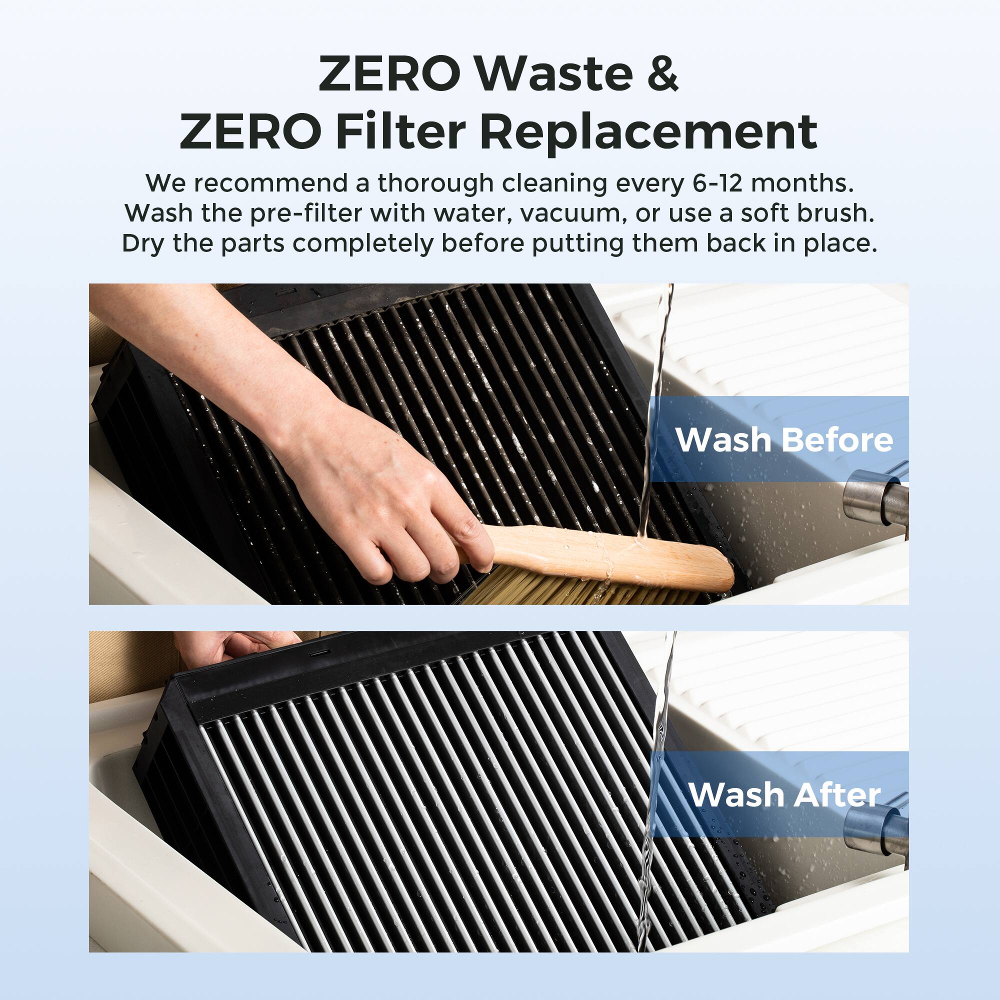 ZERO Waste & ZERO Filter Replacement

We recommend a thorough cleaning every 6-12 months. Wash the pre-filter with water, vacuum, or use a soft brush. Dry the parts completely before putting them back in place.

Wash Before

Wash After