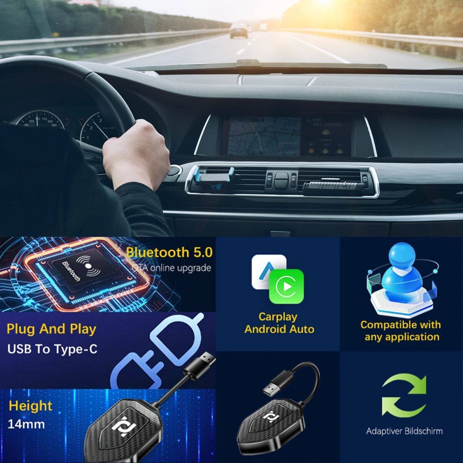 - Bluetooth 5.0
- TA online upgrade
- Plug And Play
- USB To Type-C
- Height 14mm
- Carplay Android Auto
- Compatible with any application
- Adapter Bildschirm