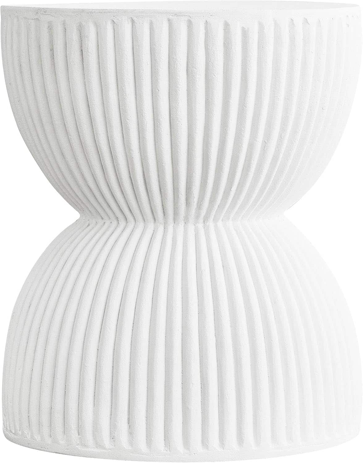 LeisureMod - Spire Modern Ribbed Hourglass Accent Table, Fiberstone Indoor/Outdoor End Table & Plant Stand, Fully Assembled - White