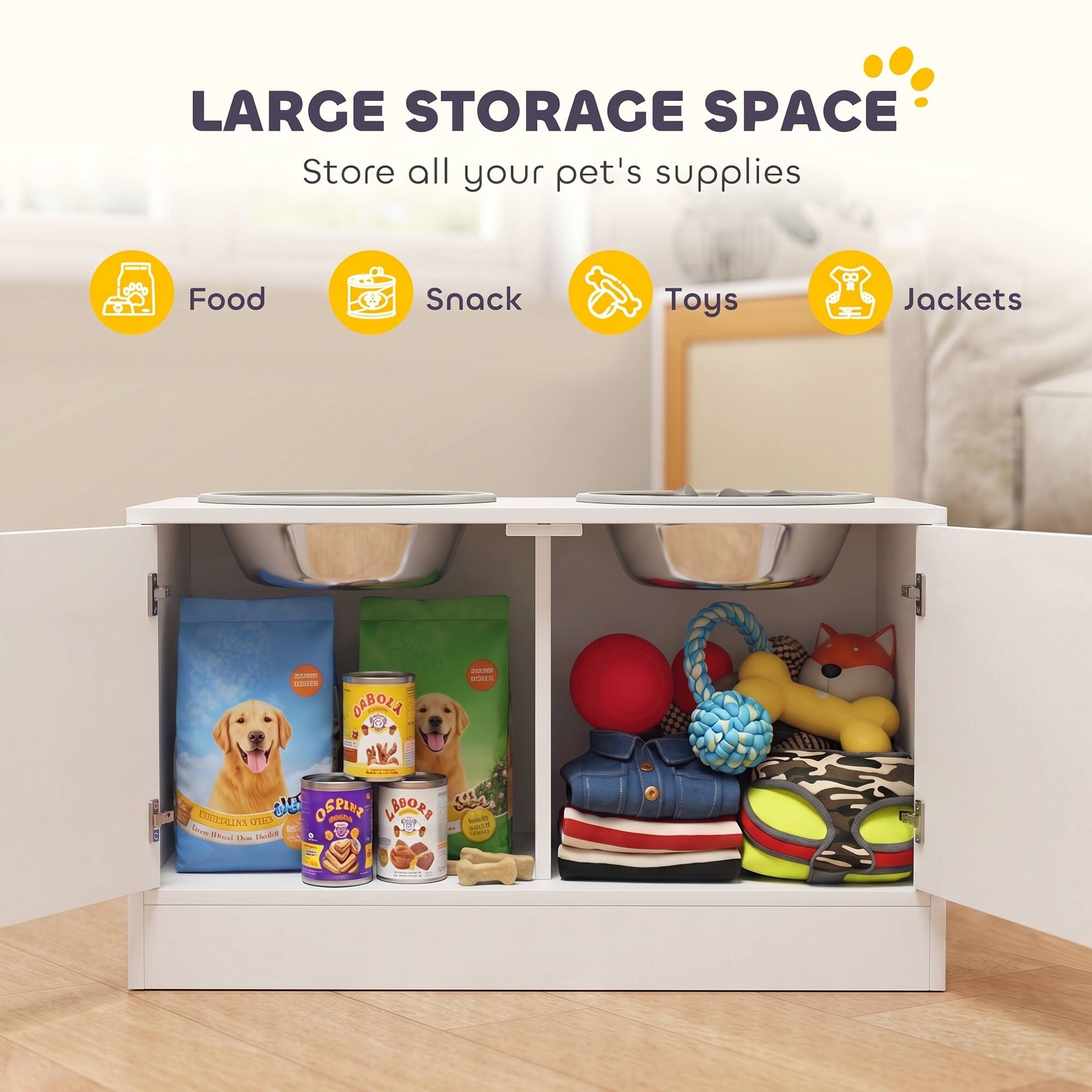 LARGE STORAGE SPACE  
Store all your pet's supplies  
Food  
Snack  
Toys  
Jackets  

- RALIDO 100% USIXER SABOLI  
- COMPANY OSPLINE LABORT  
- CONTERLAY OBEX ANDA  
- Gold Book  
- UNICO  
- Mark Dow