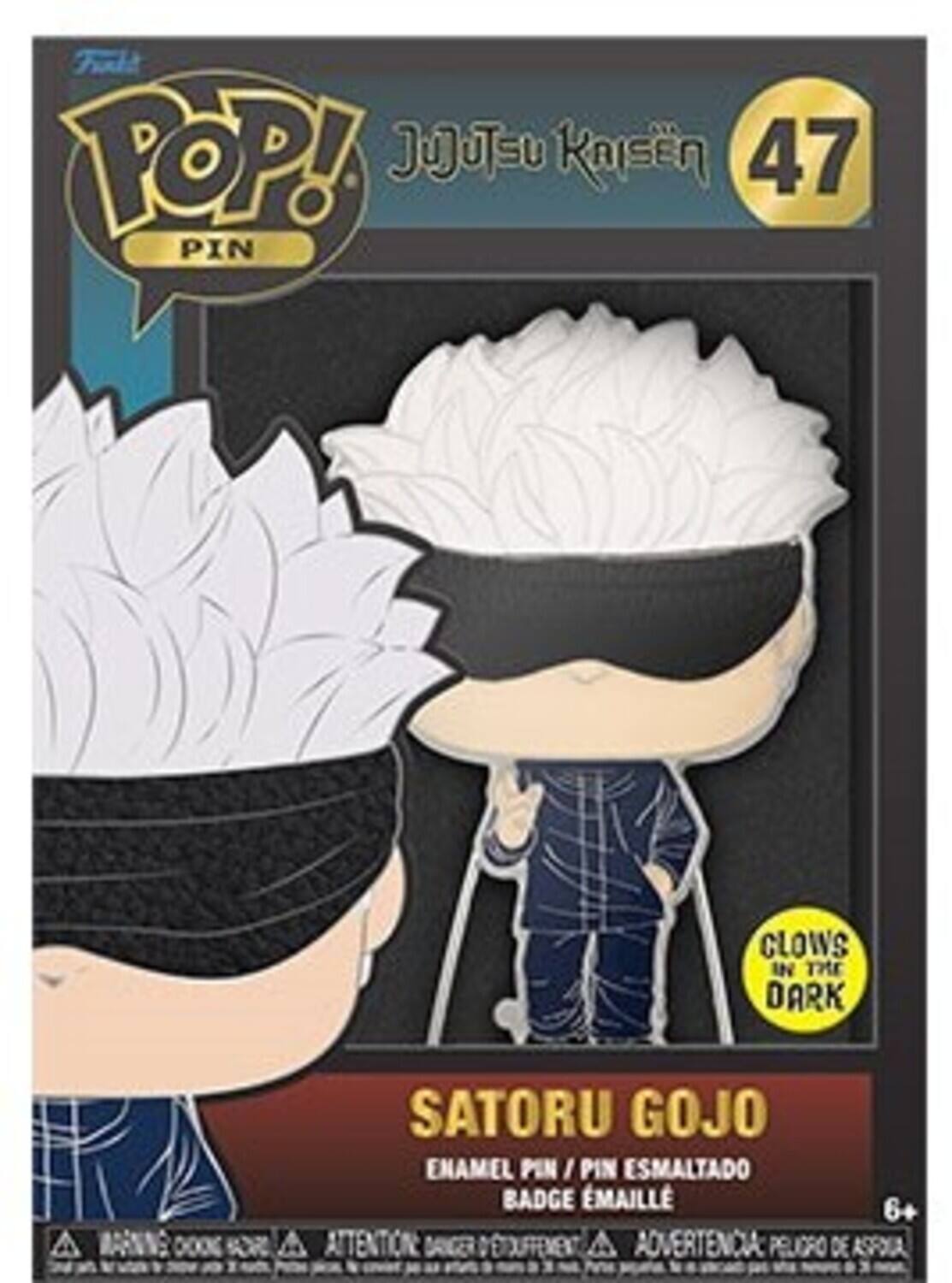 POP! JUJUTSU KAISEN 47 PIN CLOWS IN THE DARK SATORU GOJO ENAMEL PIN / PIN ESMALTADO BADGE ÉMAILLE 6+ ATTENTION DANGER ADVERTENCIA PELIGRO DE ASPIRA