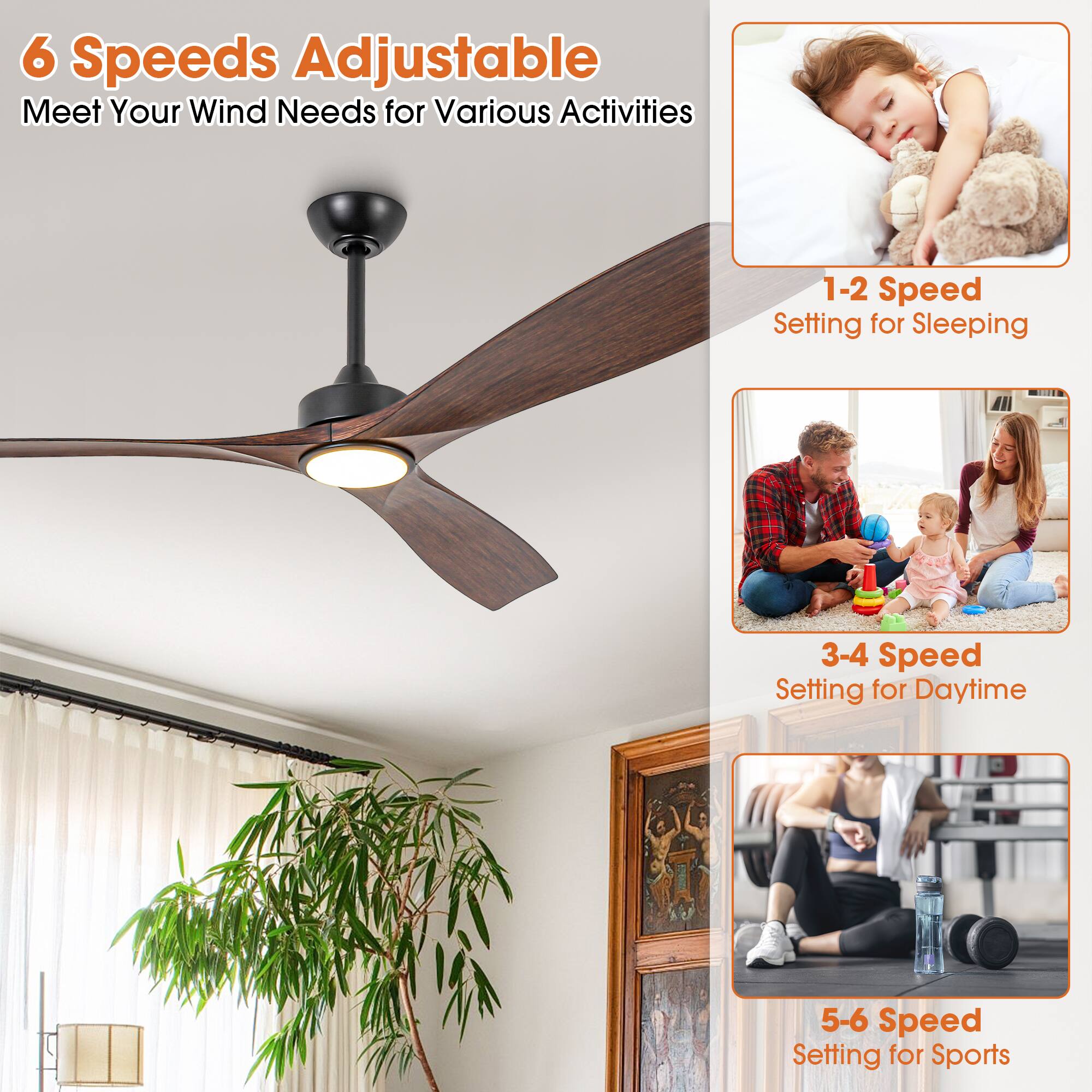 6 Speeds Adjustable  
Meet Your Wind Needs for Various Activities  

1-2 Speed Setting for Sleeping  

3-4 Speed Setting for Daytime  

5-6 Speed Setting for Sports